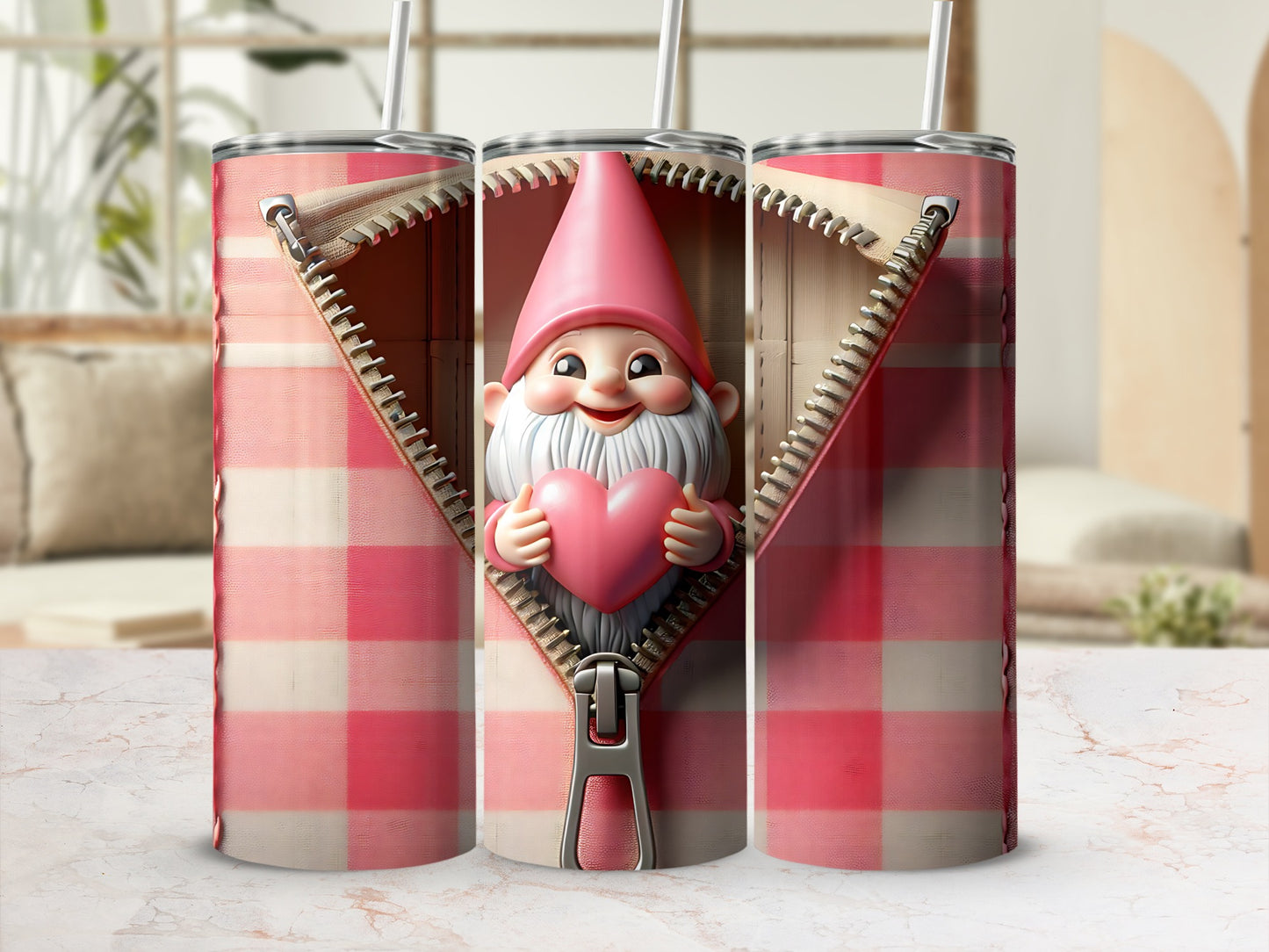 Pink gnome with heart peeking through a zippered plaid opening.