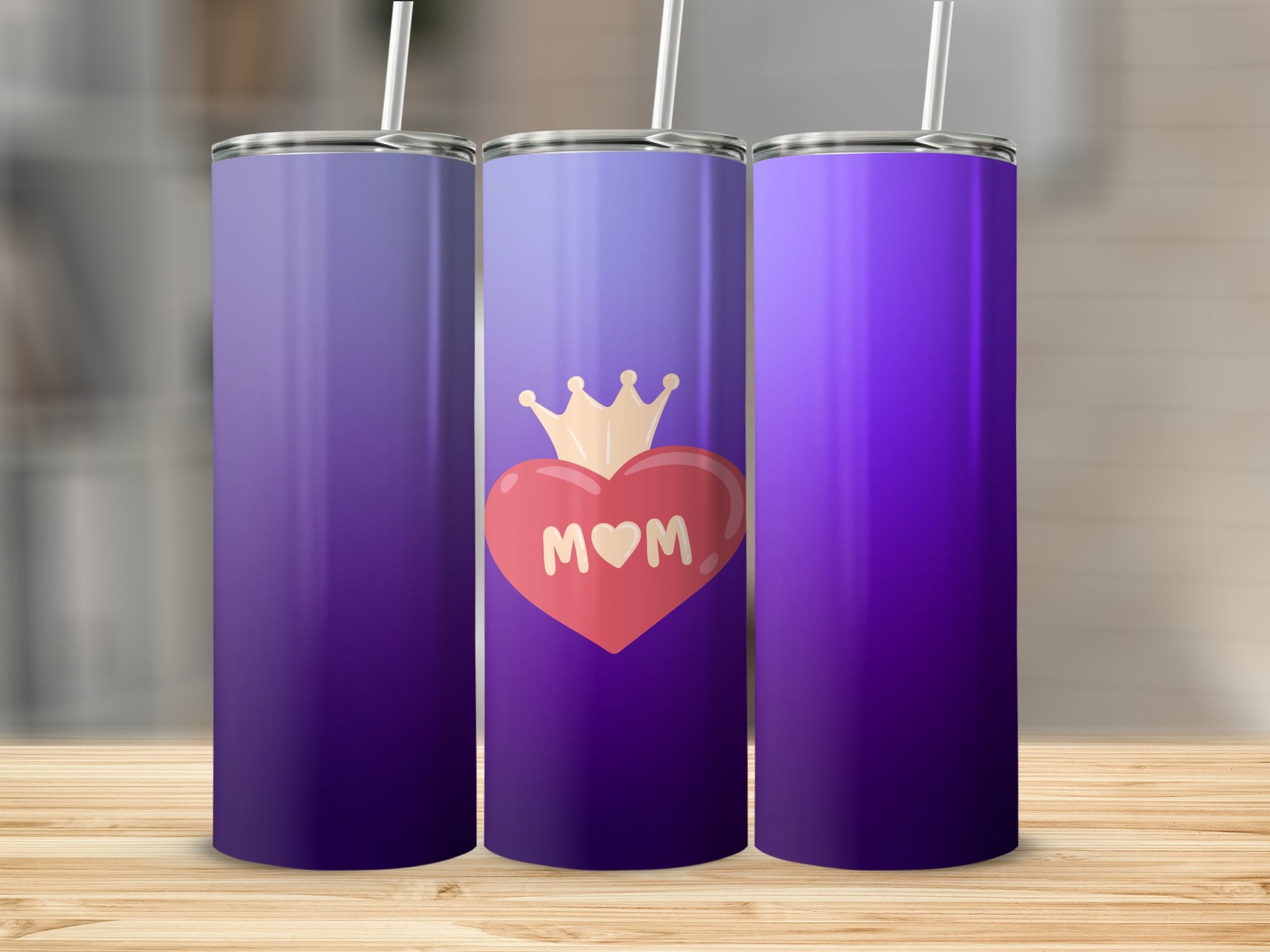 Purple gradient tumbler with heart, crown, and "MOM" text.