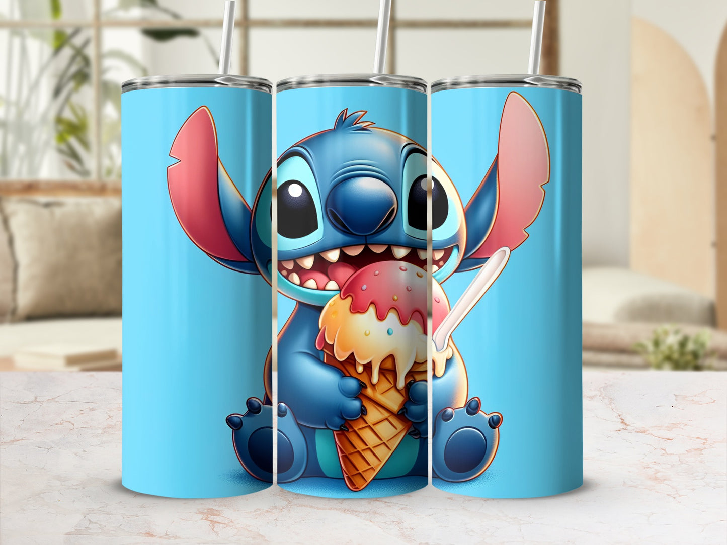 Blue tumbler with Stitch character holding a melting ice cream cone.