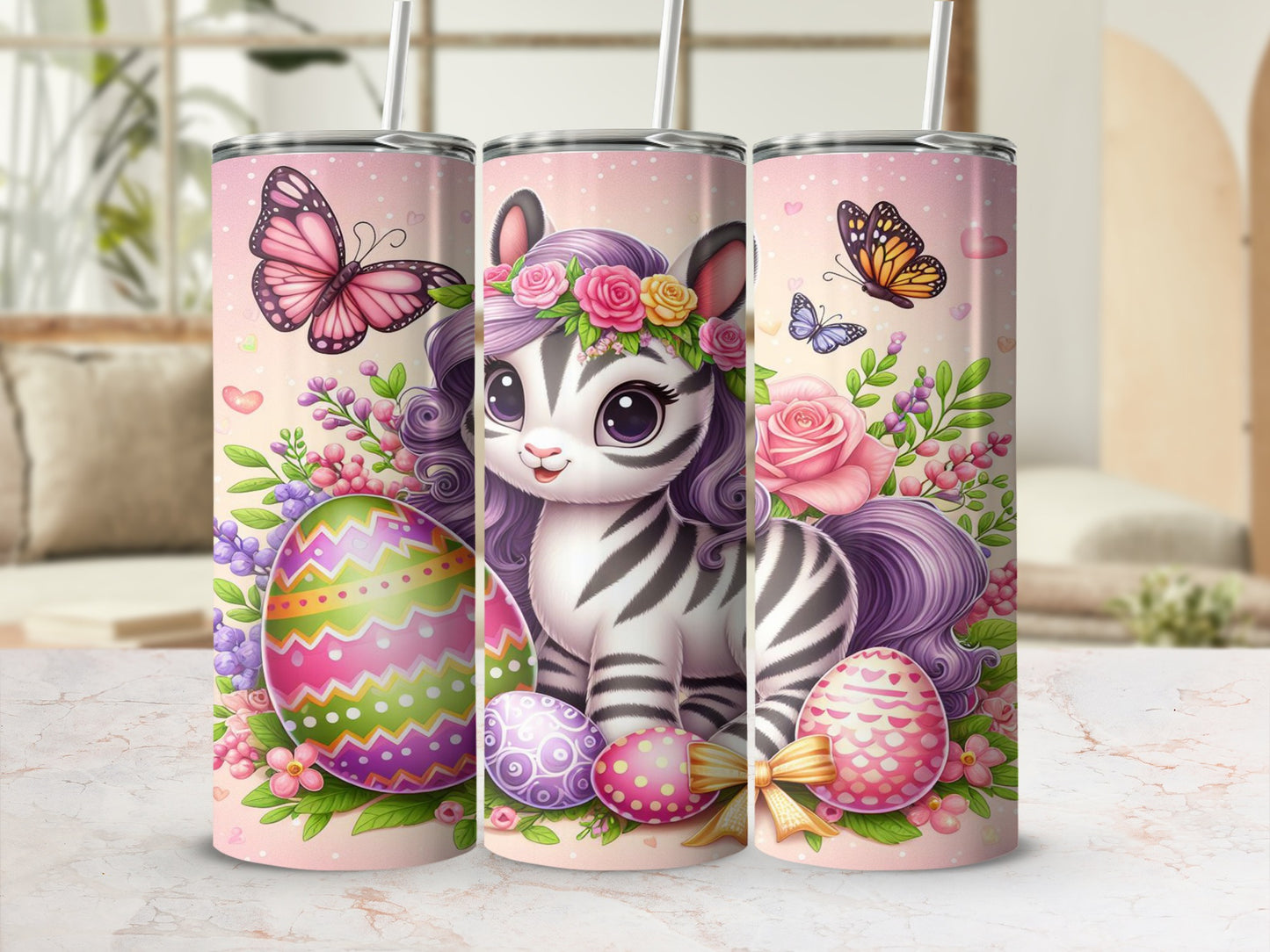 Zebra, Easter eggs, butterflies, and flowers decorate a pink tumbler.