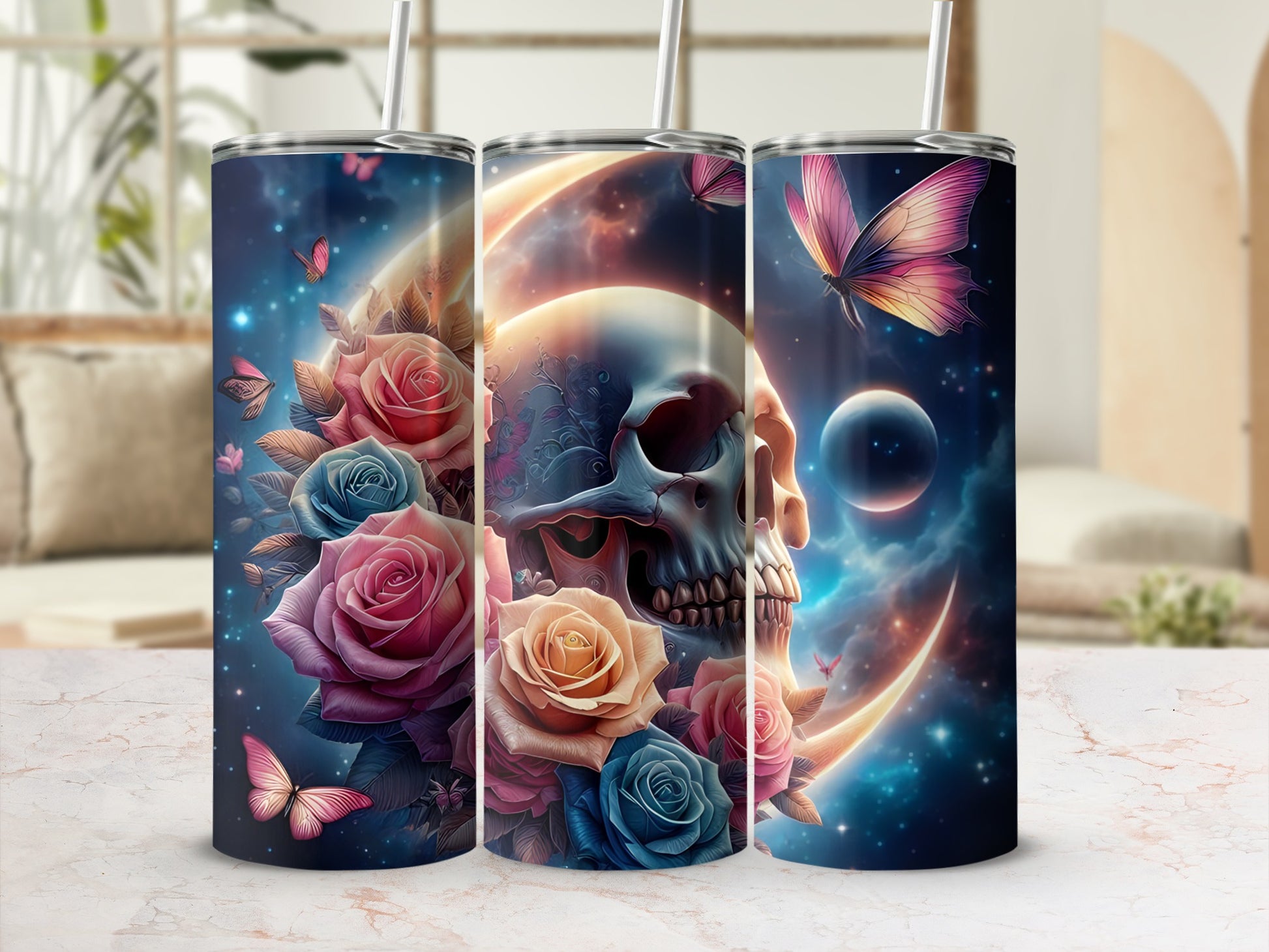 Floral skull design with butterflies and crescent moon.