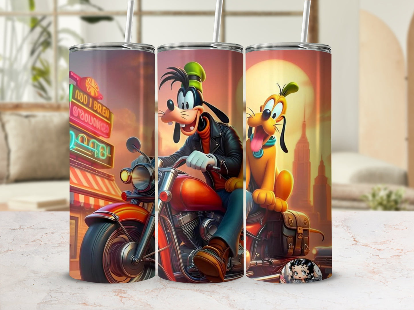 Cartoon Characters on Motorbike Decorative Tumbler