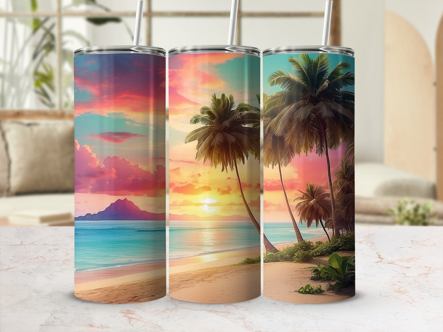 Tropical Sunset Palm Trees Tumbler Set