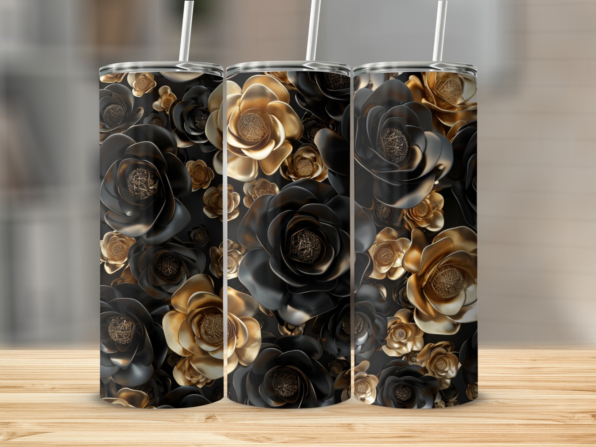 Three tumblers with a dark floral pattern of black and gold roses.