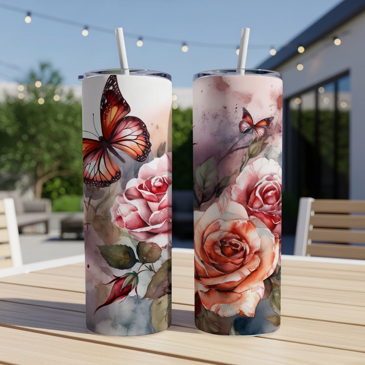 Two tumblers with watercolor roses and butterflies design on a table.