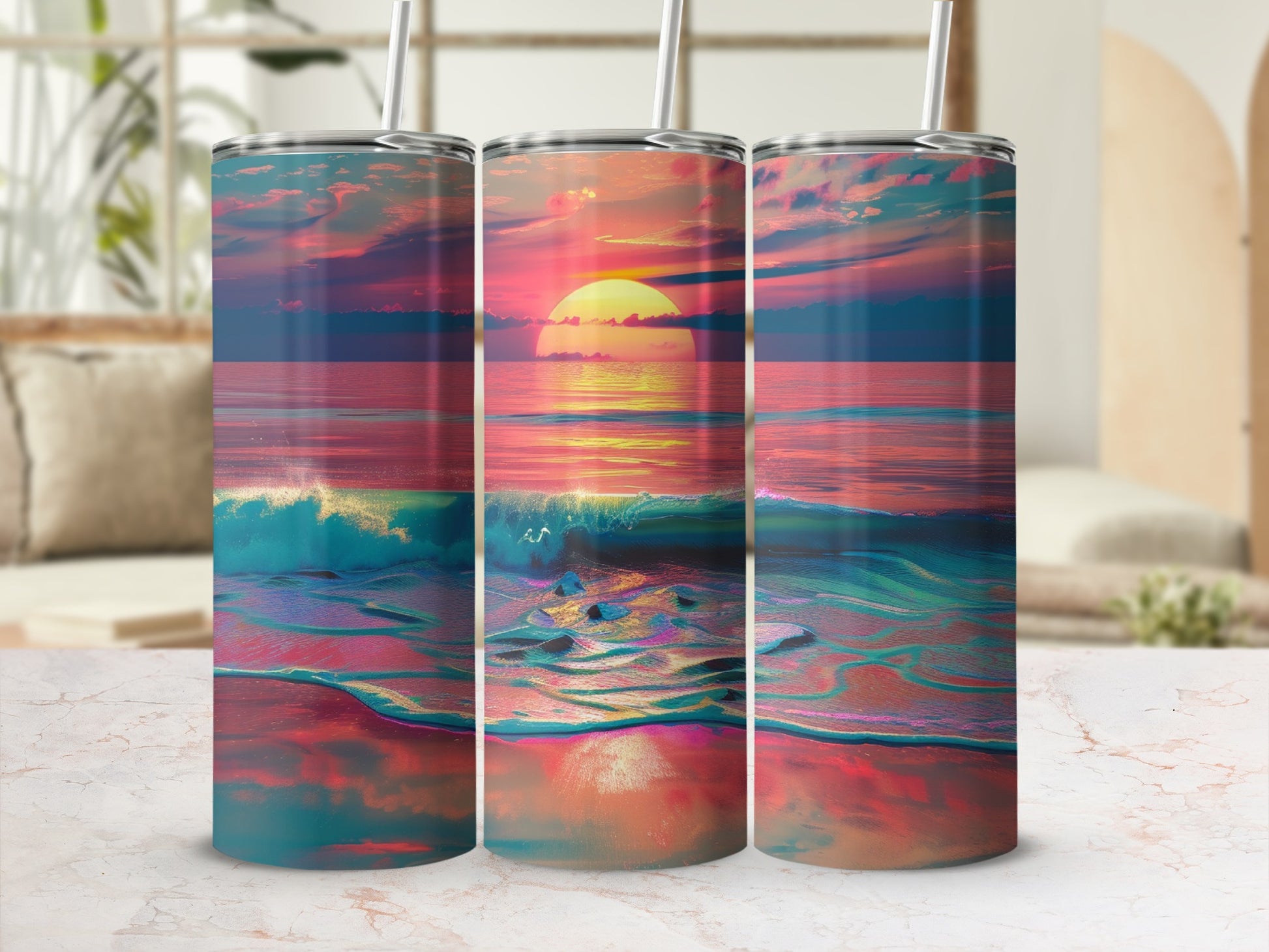 Three tumblers with a colorful sunset over a wavy ocean scene.