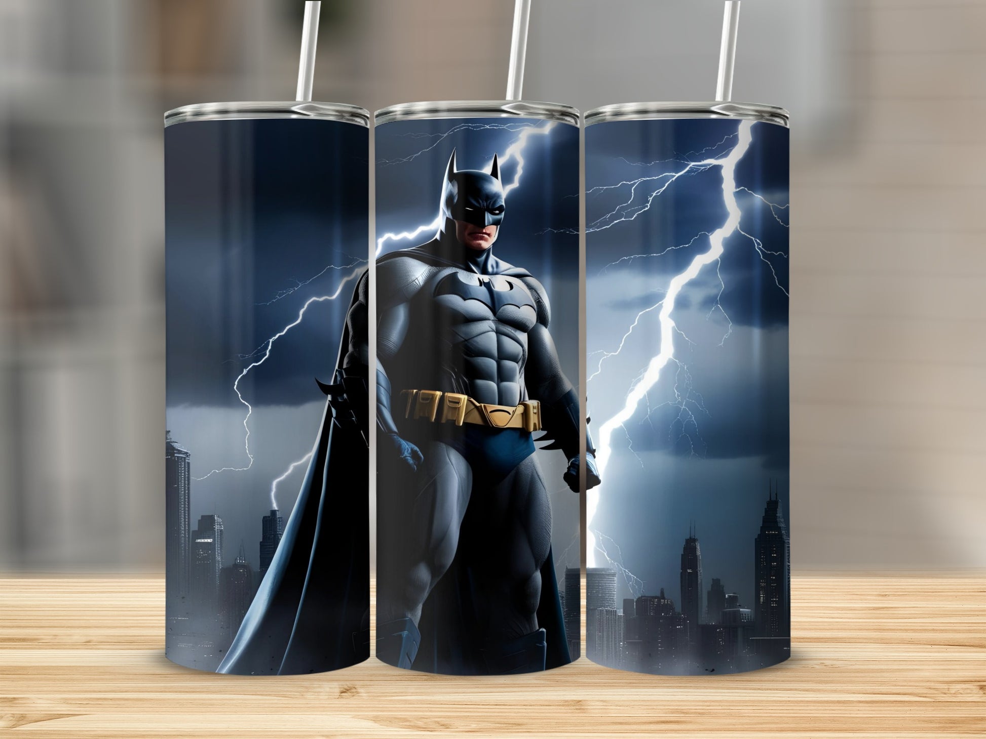 Batman standing in front of a stormy cityscape with lightning.