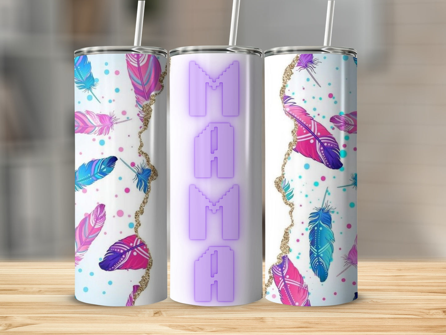 Colorful Feather Design with Mama Text Tumbler Product
