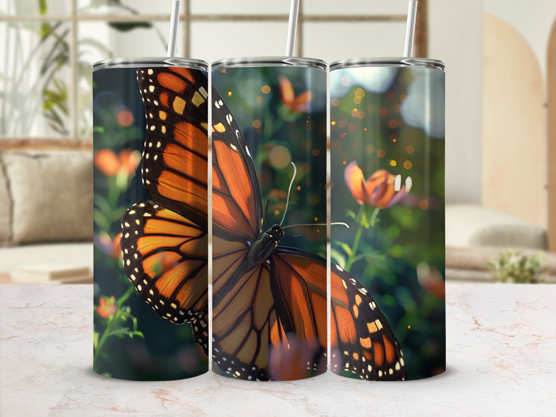 Triptych of monarch butterfly images on tumblers with blurry floral background.