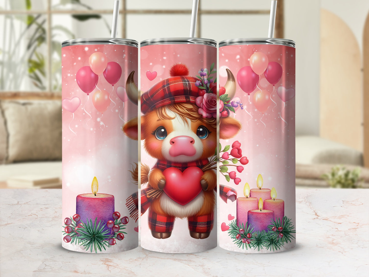 Adorable Highland Cow Valentine Theme Travel Tumbler