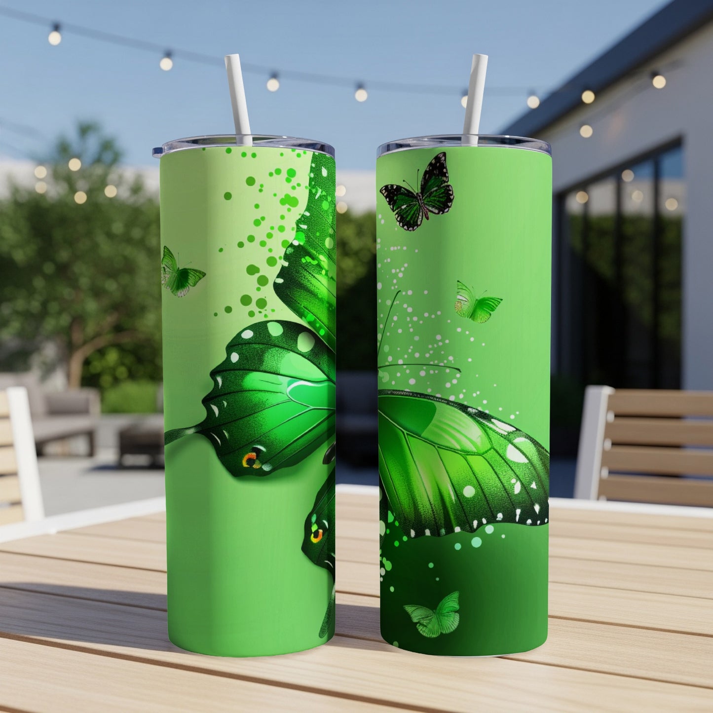 Green tumbler with butterfly design and straw, shown outdoors.
