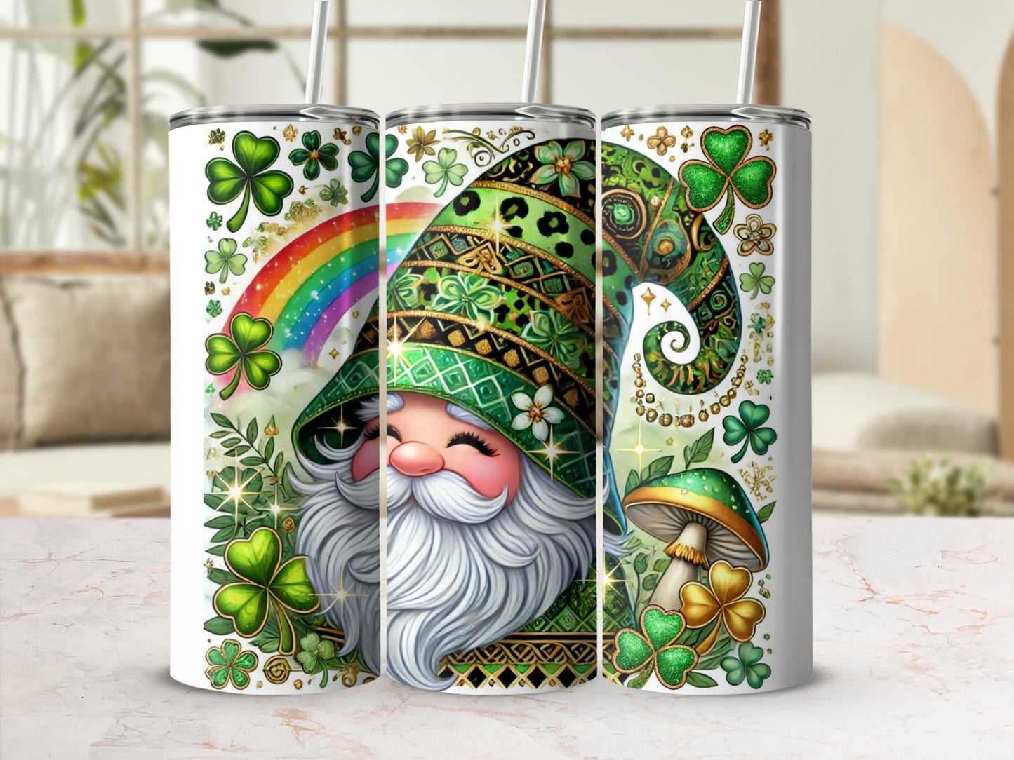 St. Patrick's Day gnome with rainbow, shamrocks, and mushrooms on a tumbler.