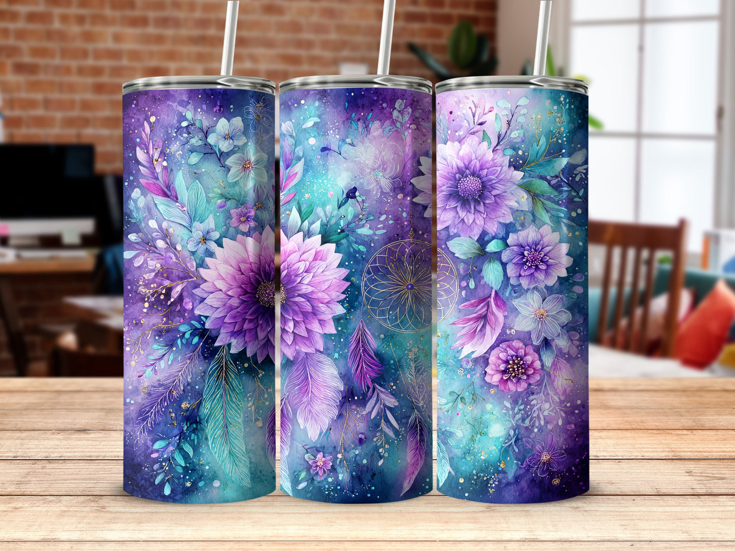Purple and Blue Floral Gradient Tumbler Design