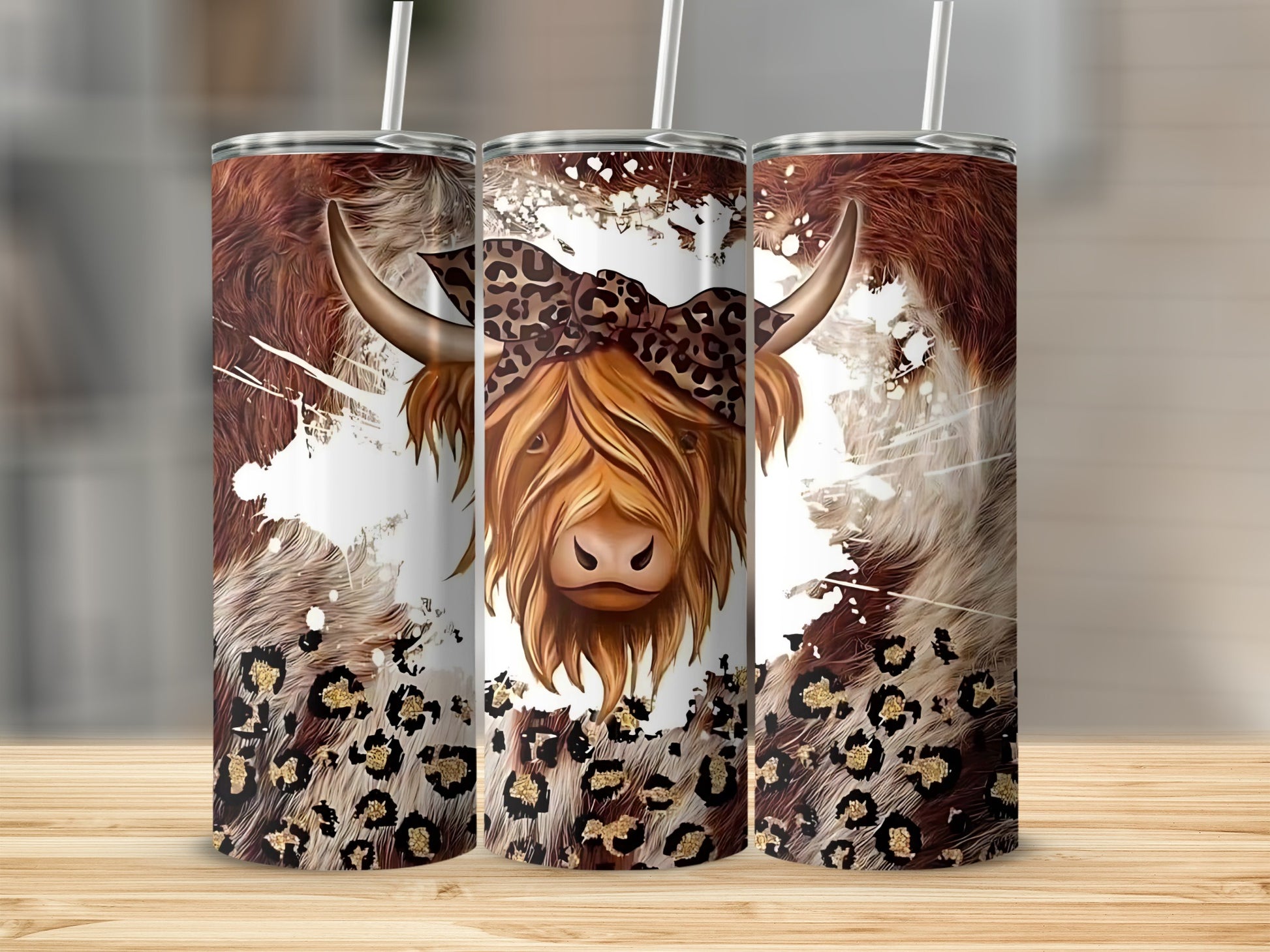 Highland Cow with Leopard Print Background Tumbler