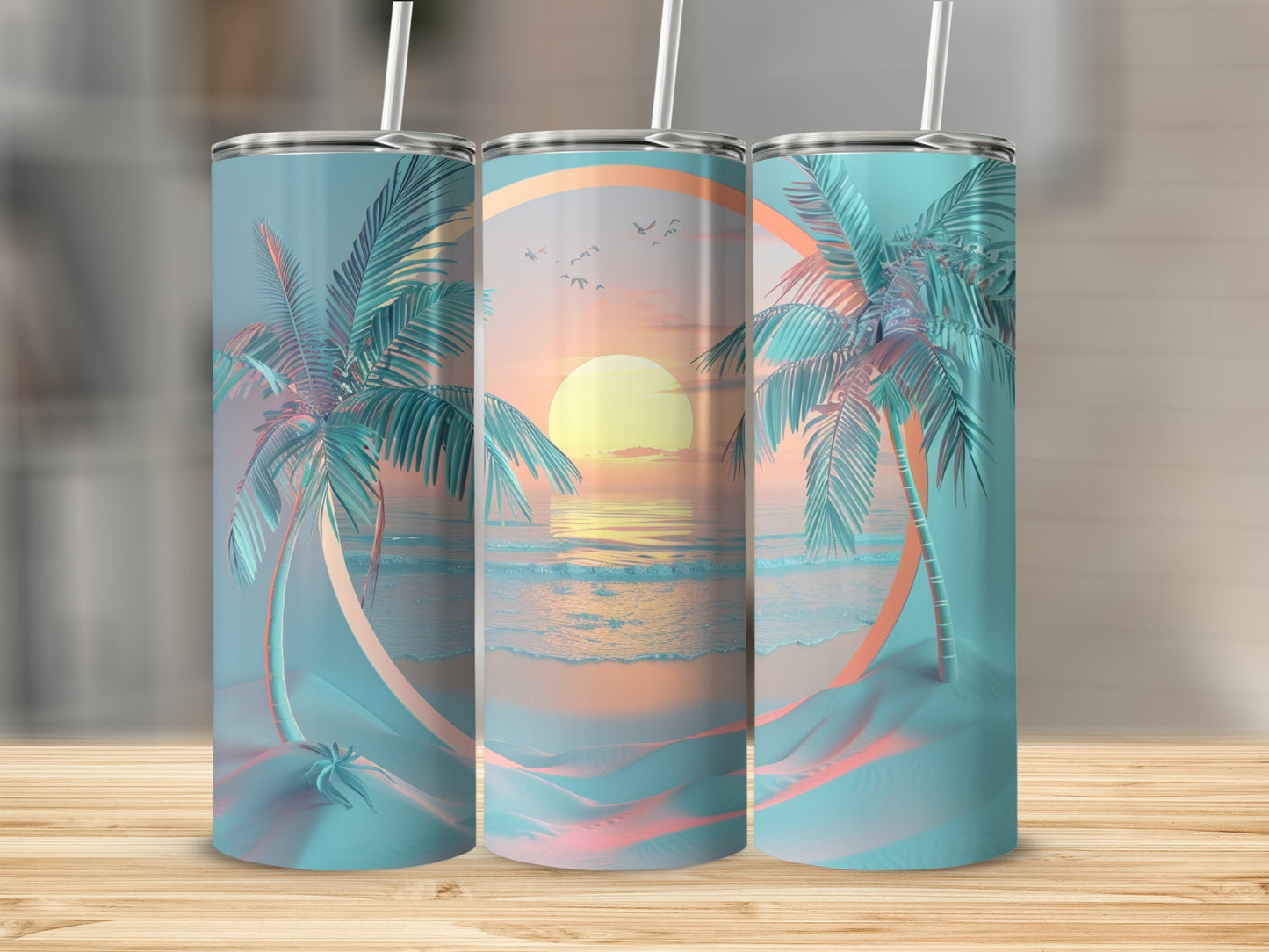 Three tumblers with a sunset beach scene and palm trees.