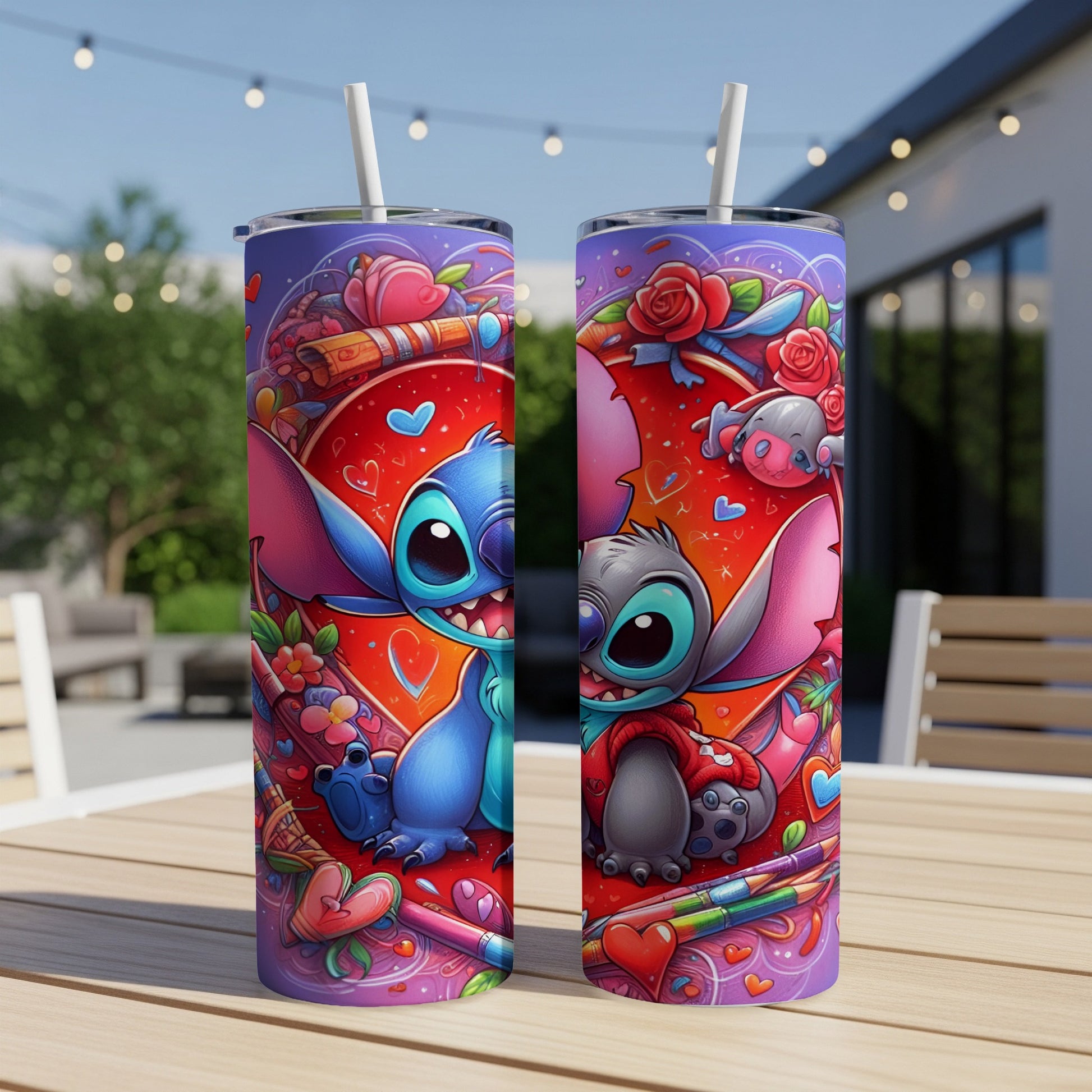 Two Stitch tumblers with hearts and Valentine's Day motifs.