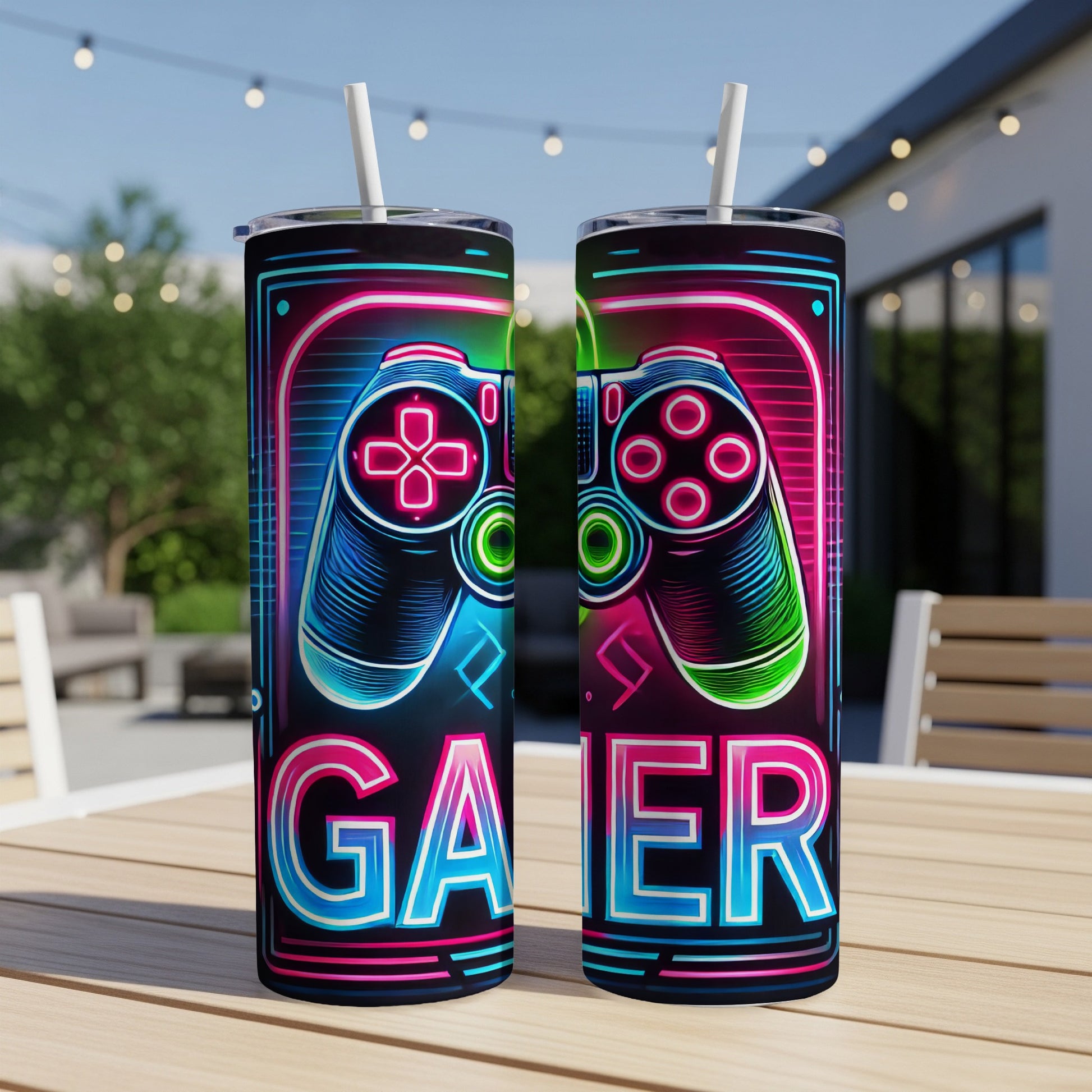 Neon "GAER" text and game controller graphic on two tumblers.
