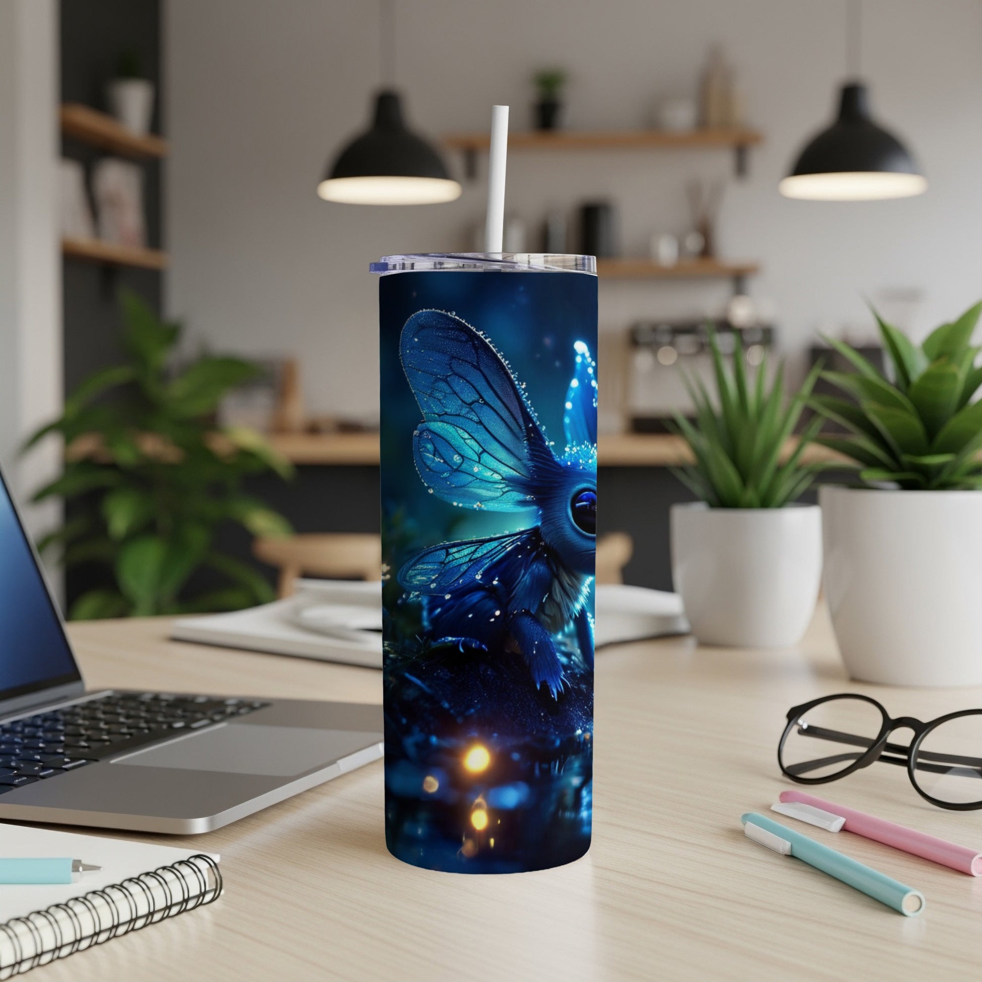 Fairy creature with butterfly wings on a dark, starry background.