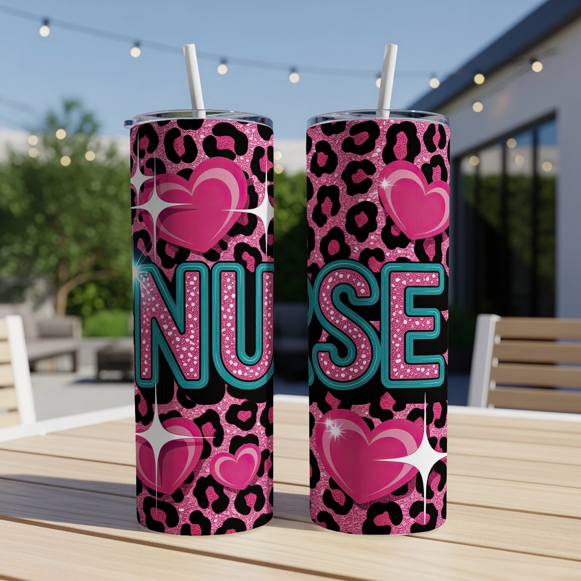 Pink leopard print tumbler with "NURSE" in glittery teal and pink hearts.