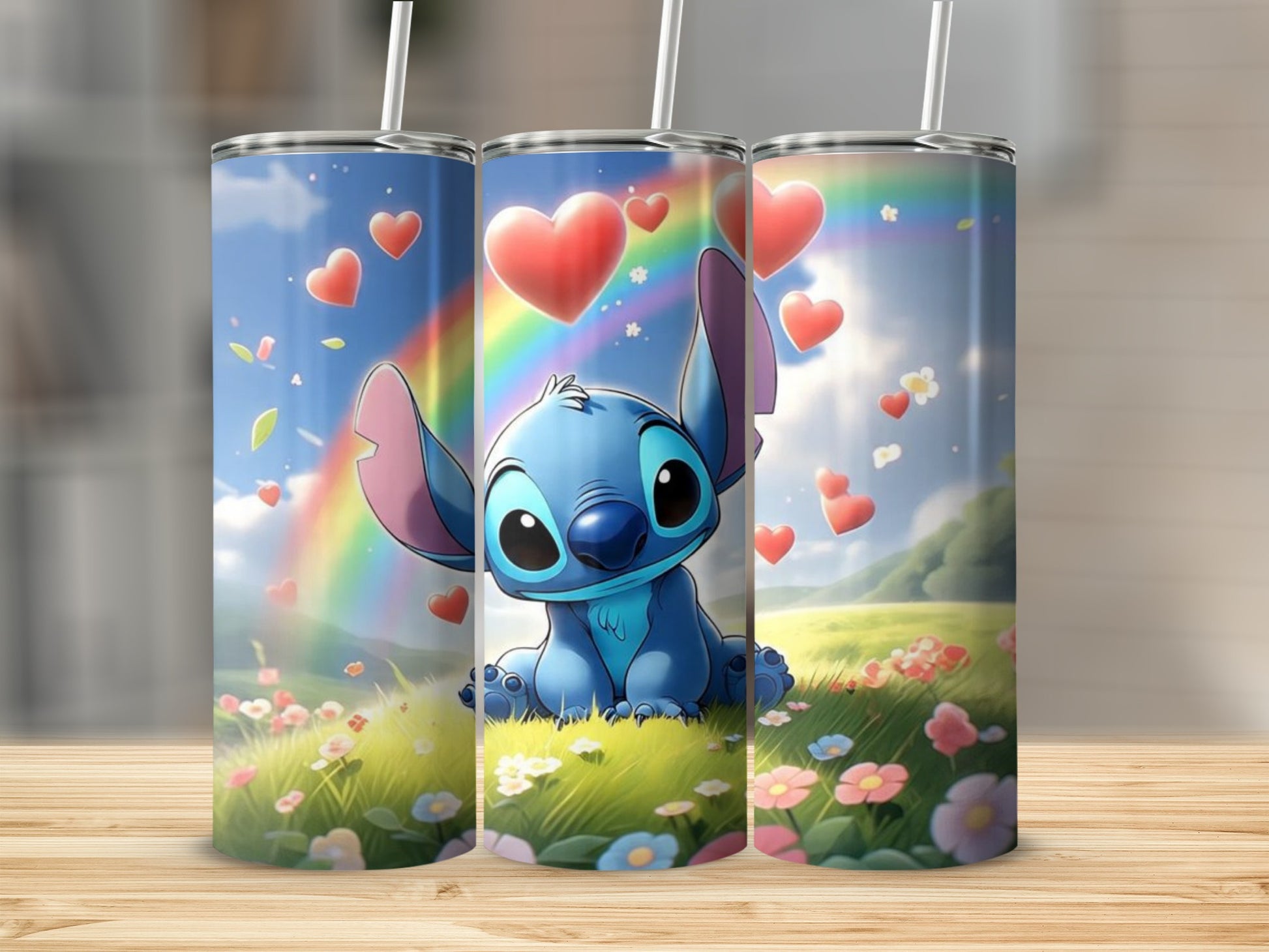 Adorable Blue Character with Hearts and Rainbow Tumbler