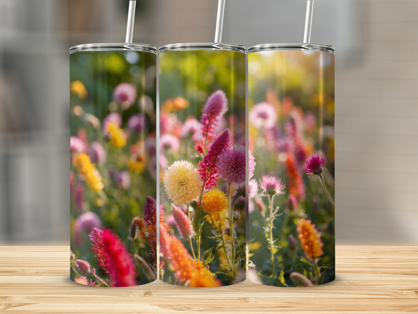 Three tumblers featuring a close-up of colorful, blurred flowers with sunlight.