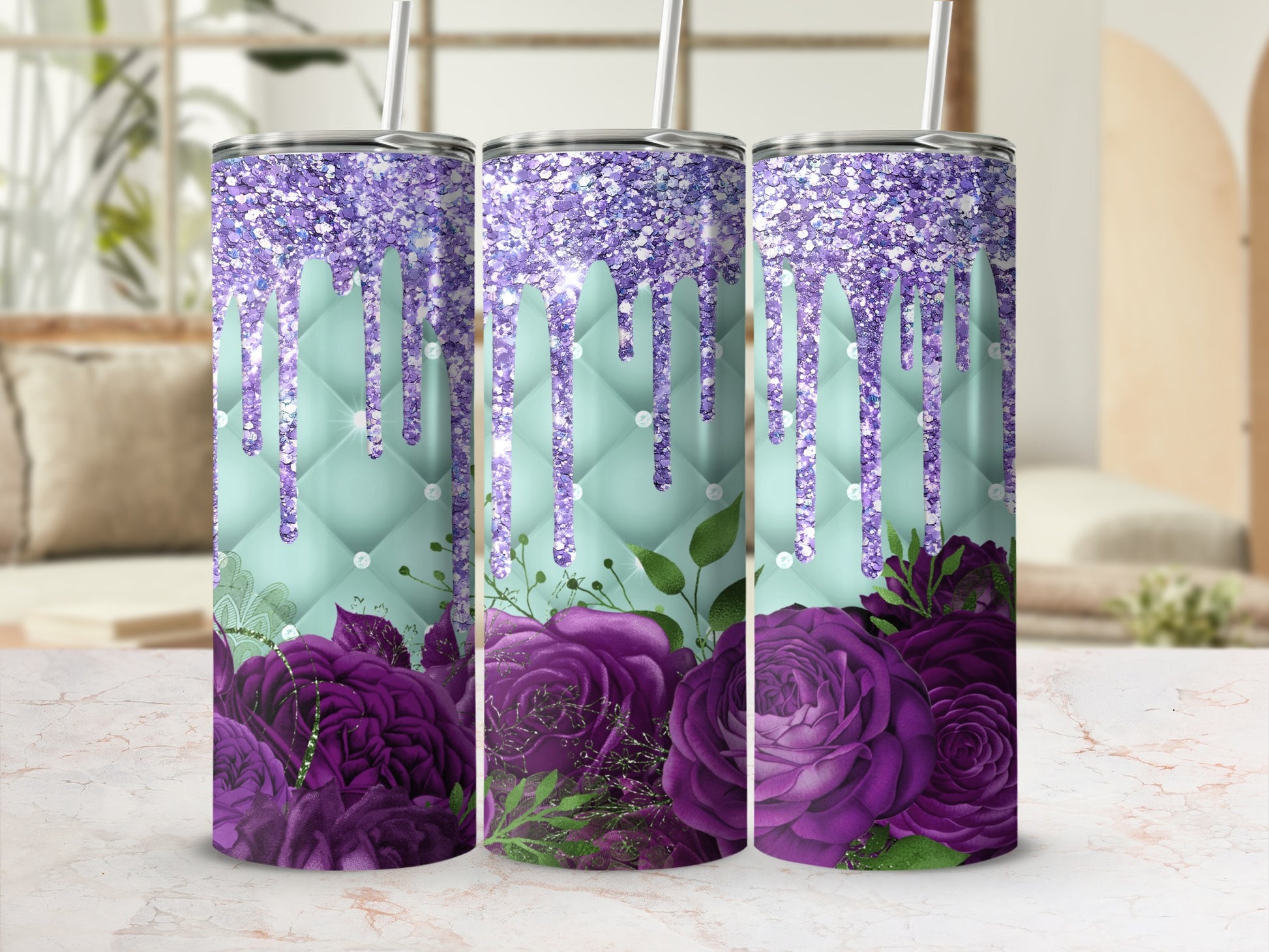 Glitter Drip Quilted Design Purple Roses Tumbler product type