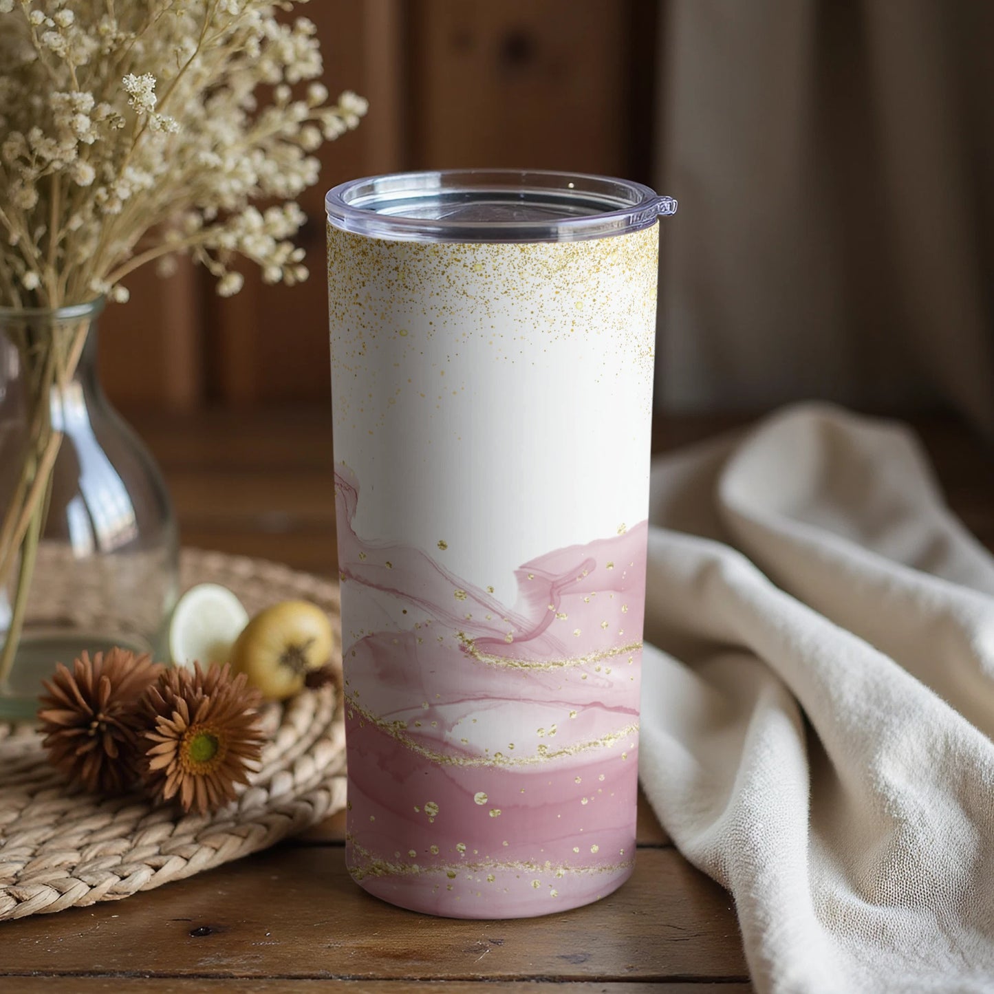 Elegant Pink and White Tumbler with Gold Accents product
