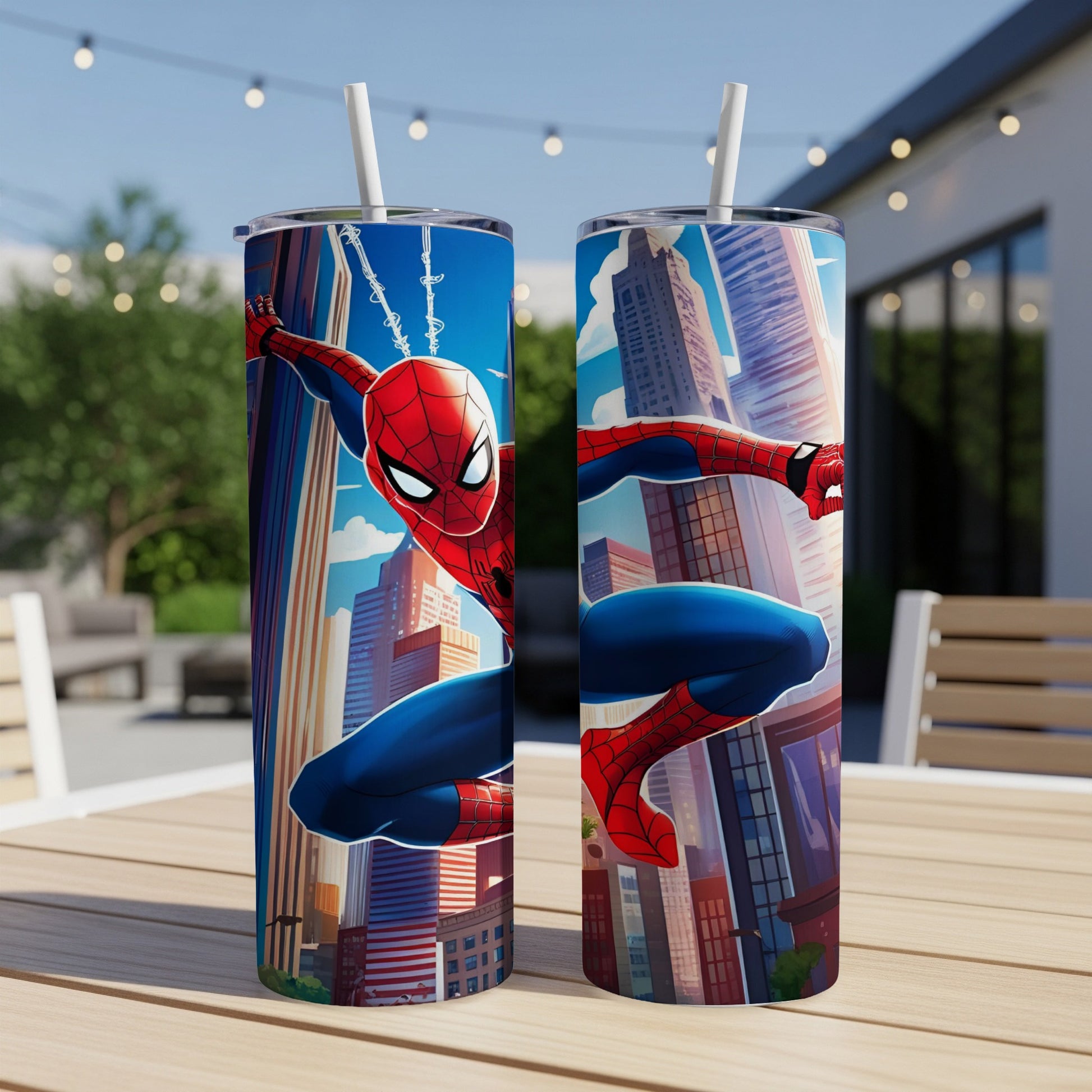 Spiderman leaping between city buildings on a tumbler.