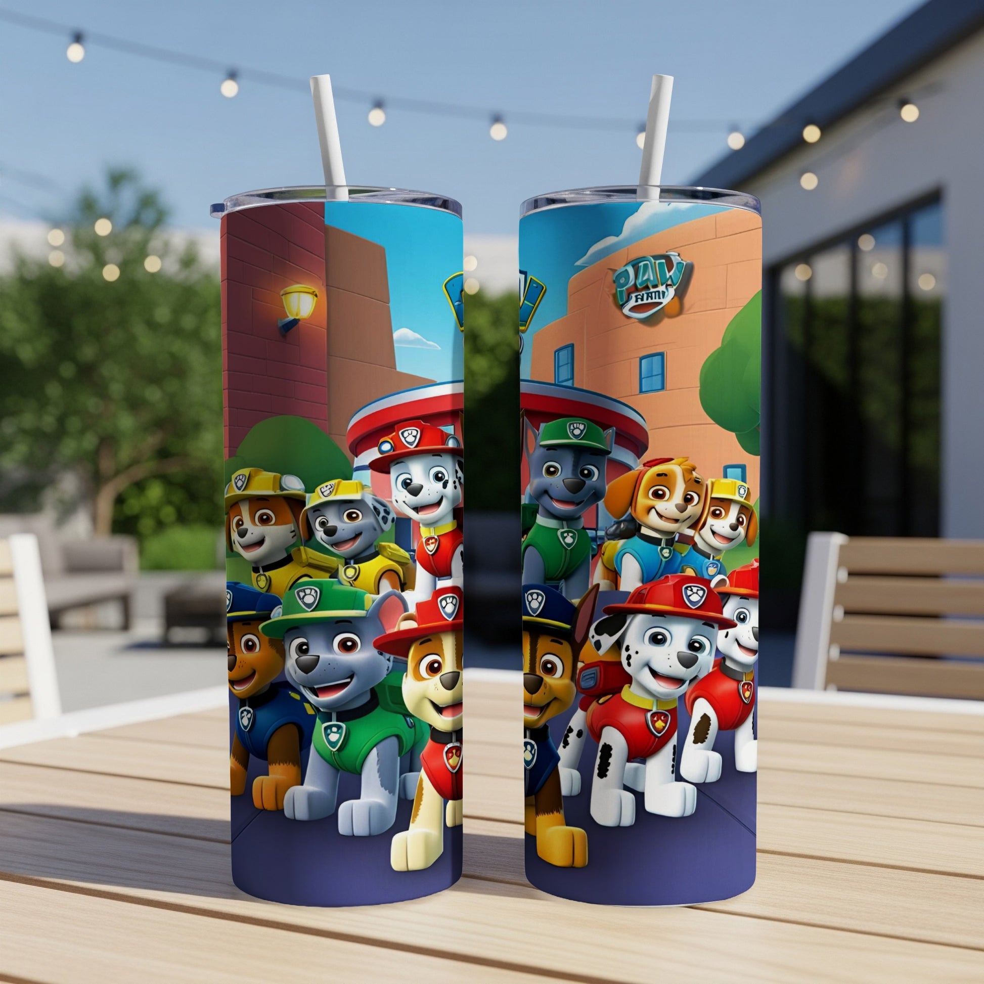 Paw Patrol characters on a purple tumbler with straws.