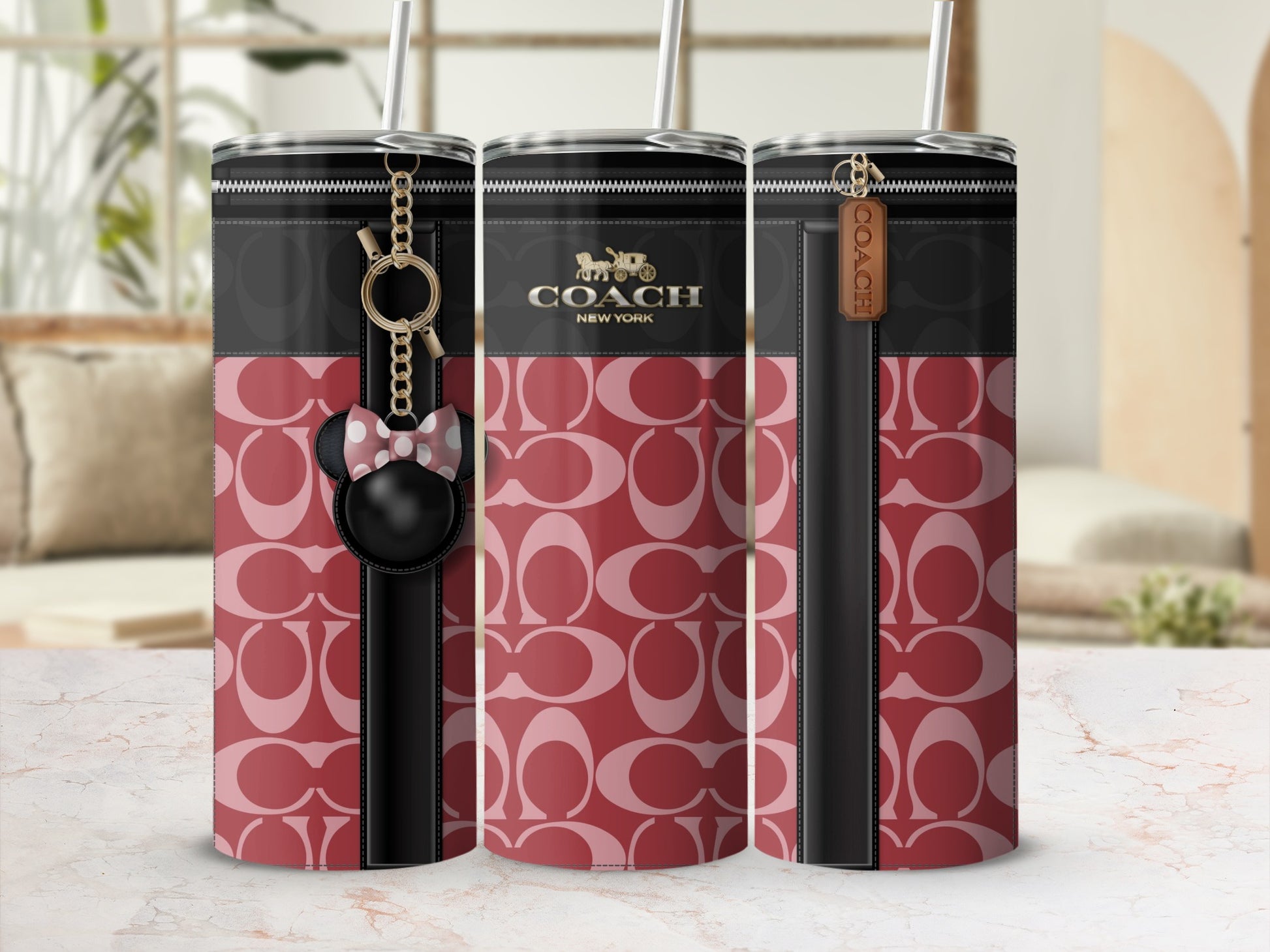 Stylish Pink and Black Coach Tumbler Cup with Straw