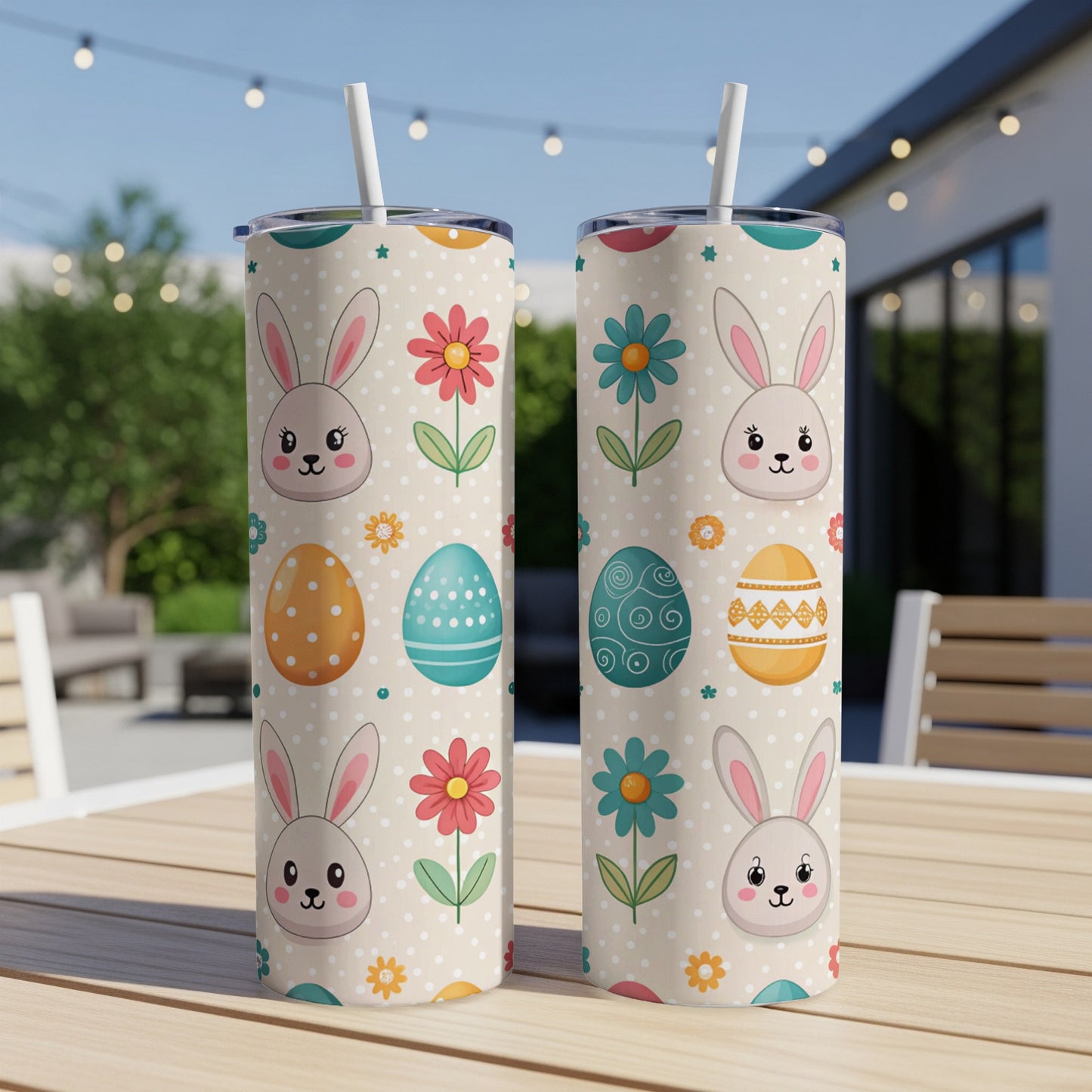 Two tall tumblers with Easter bunny, egg, and floral designs on a table.