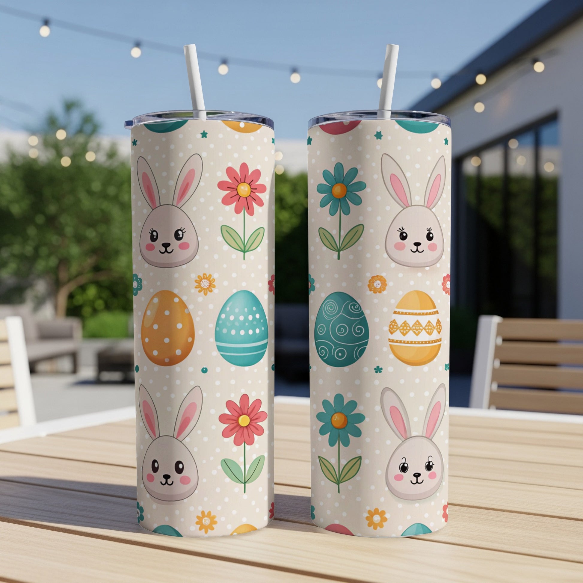 Two tall tumblers with Easter bunny, egg, and floral designs on a table.