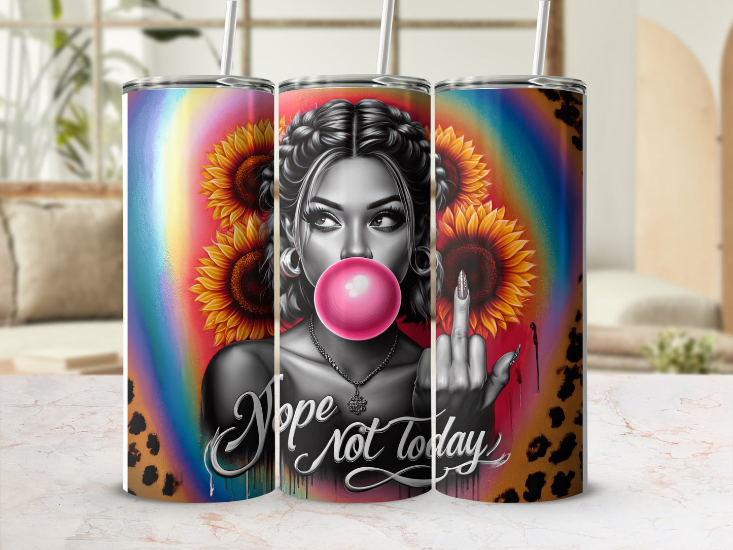 Woman blowing bubblegum with sunflowers and leopard print, text "nope not today."