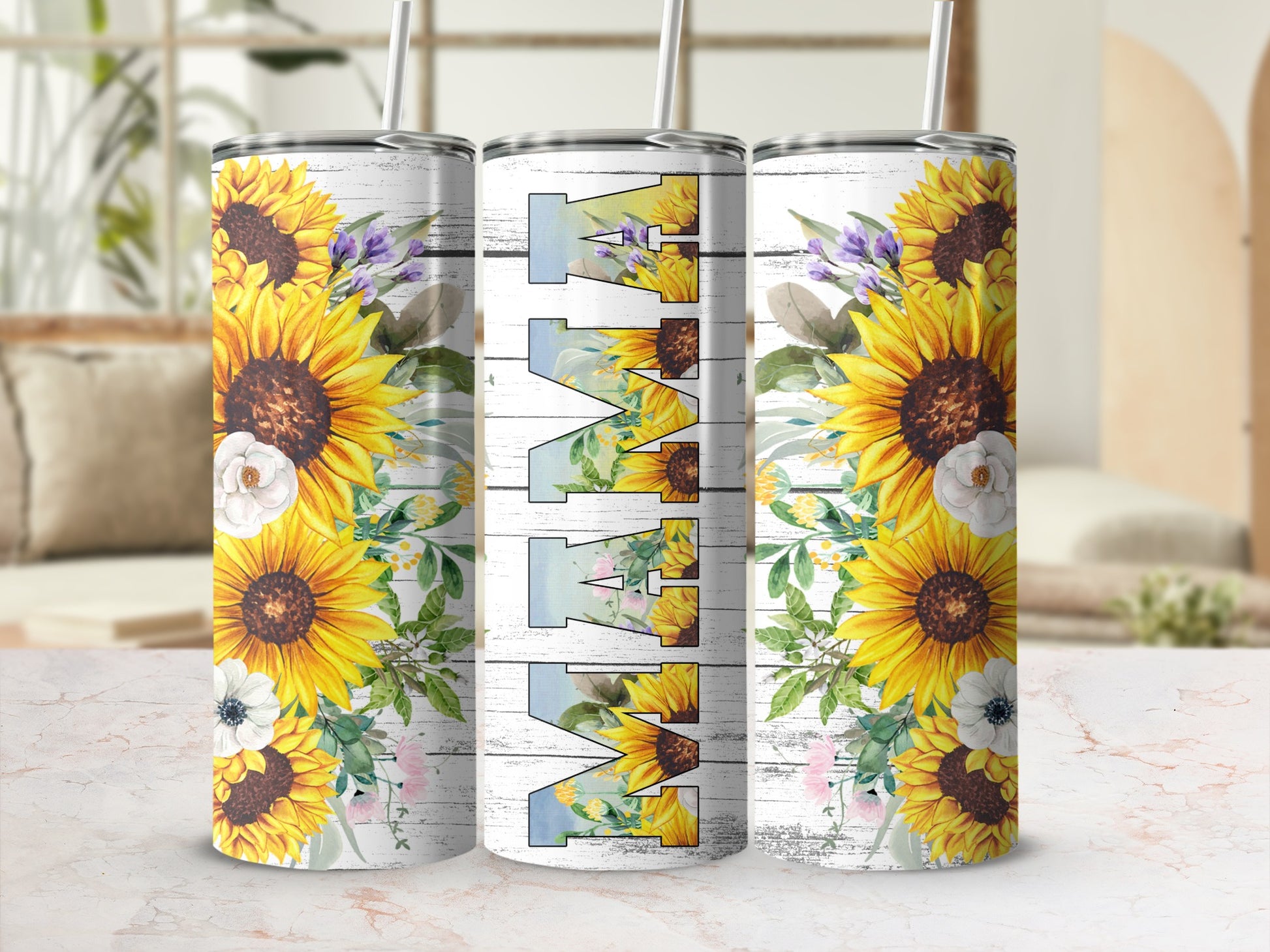 Three tumblers with sunflowers and the word "Mama".