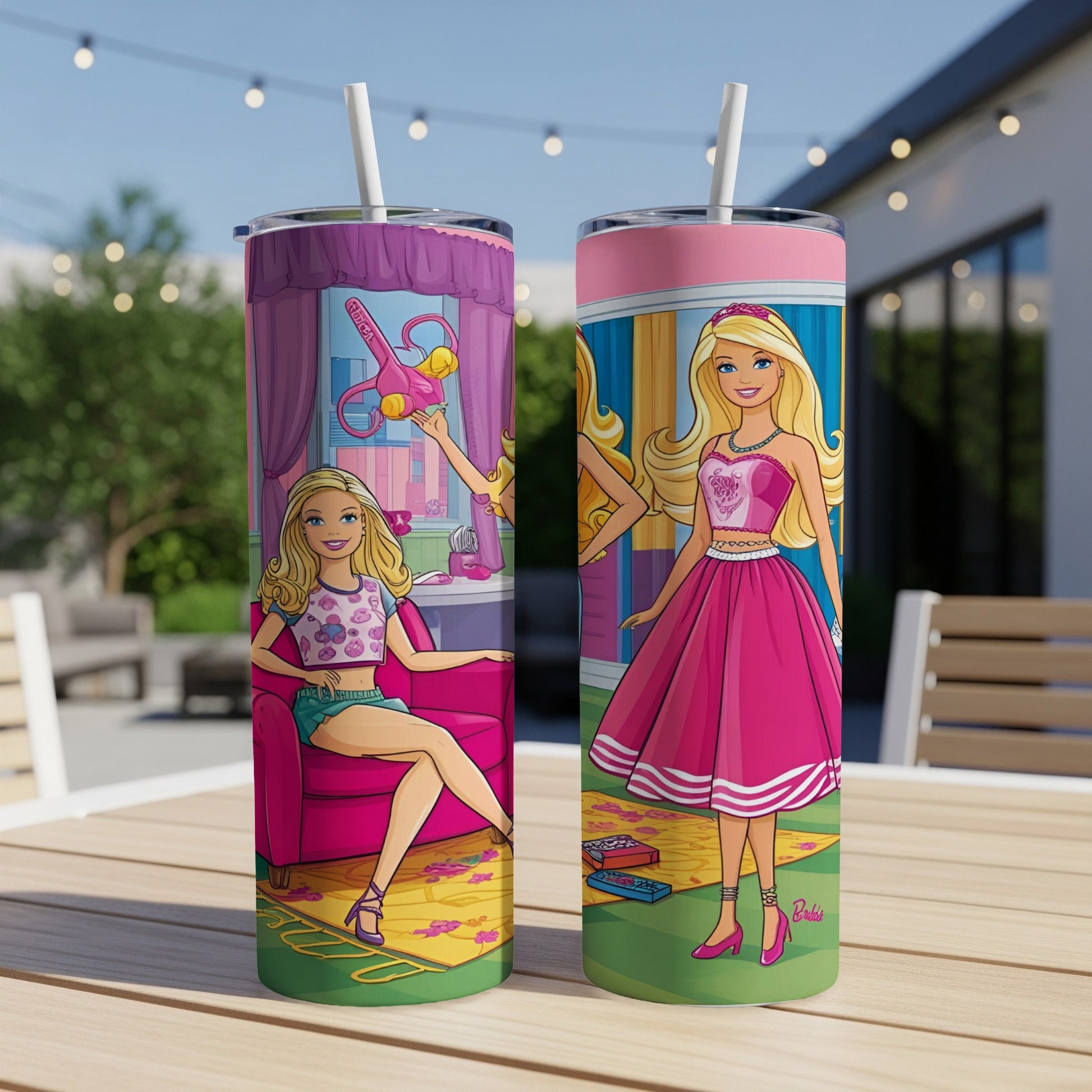 Barbie tumbler with pink skirt and fashion accessories on table.