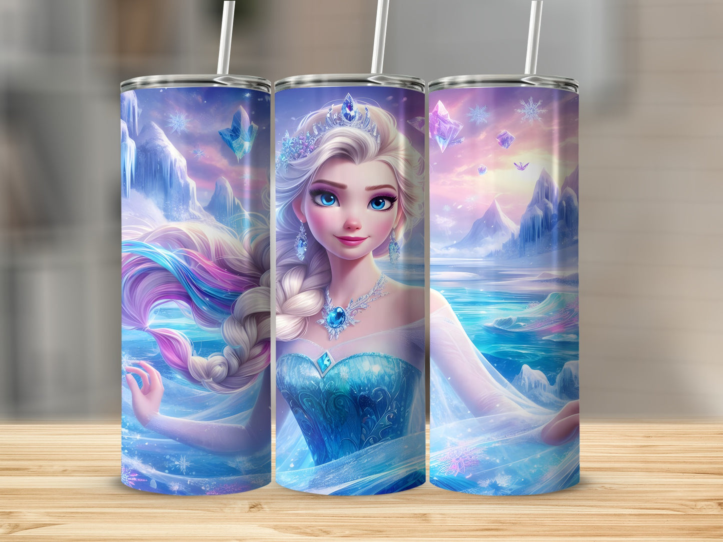 Elsa from Frozen with icy blue gown and snowflakes on a tumbler.