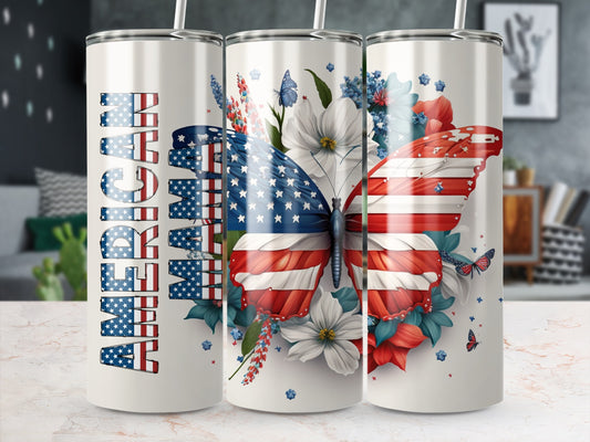 Tumbler with American flag butterfly and floral design.