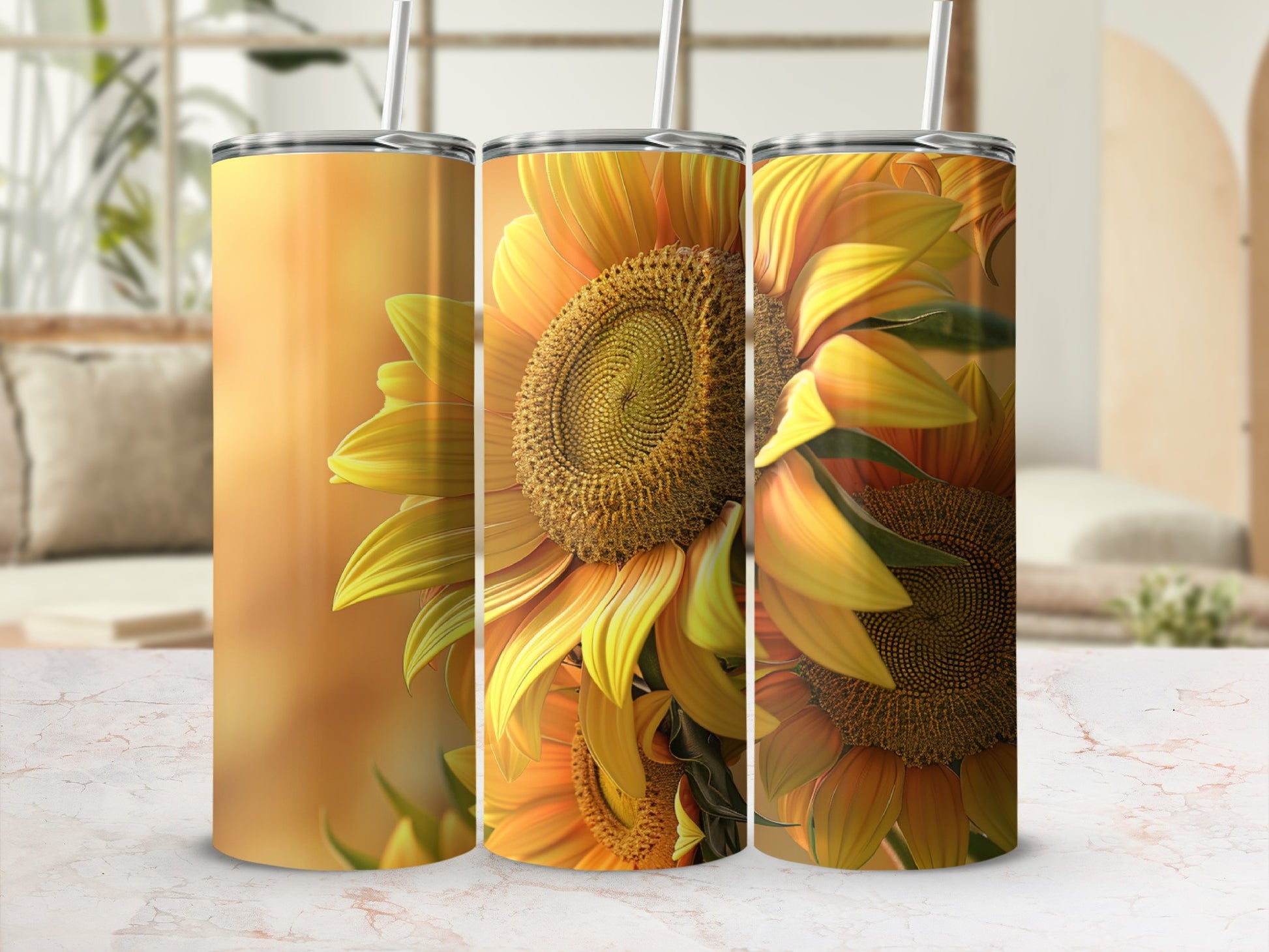 Three tumblers featuring close-ups of sunflowers with warm, blurred background.