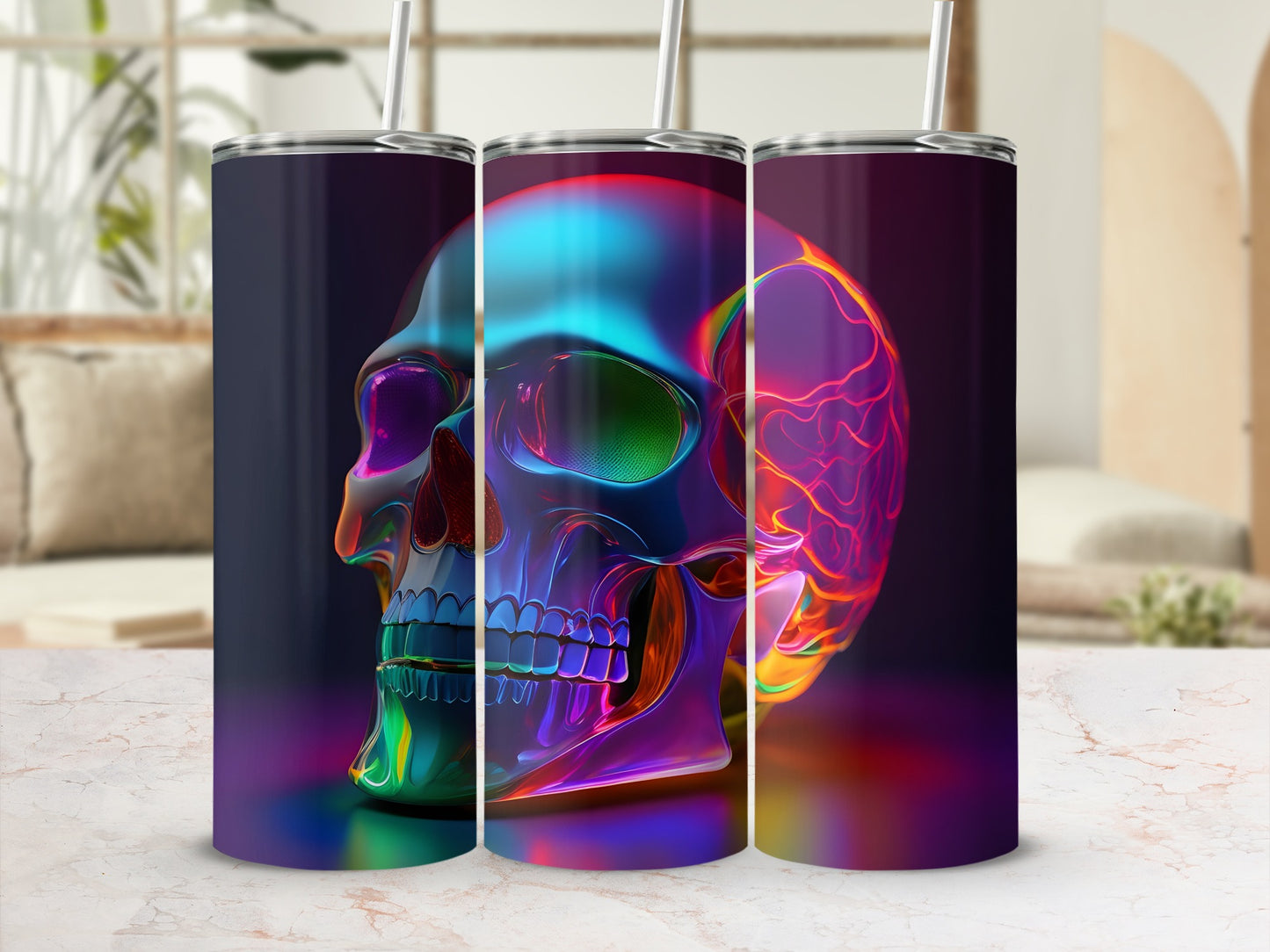 Tumbler with colorful, glowing skull graphic.