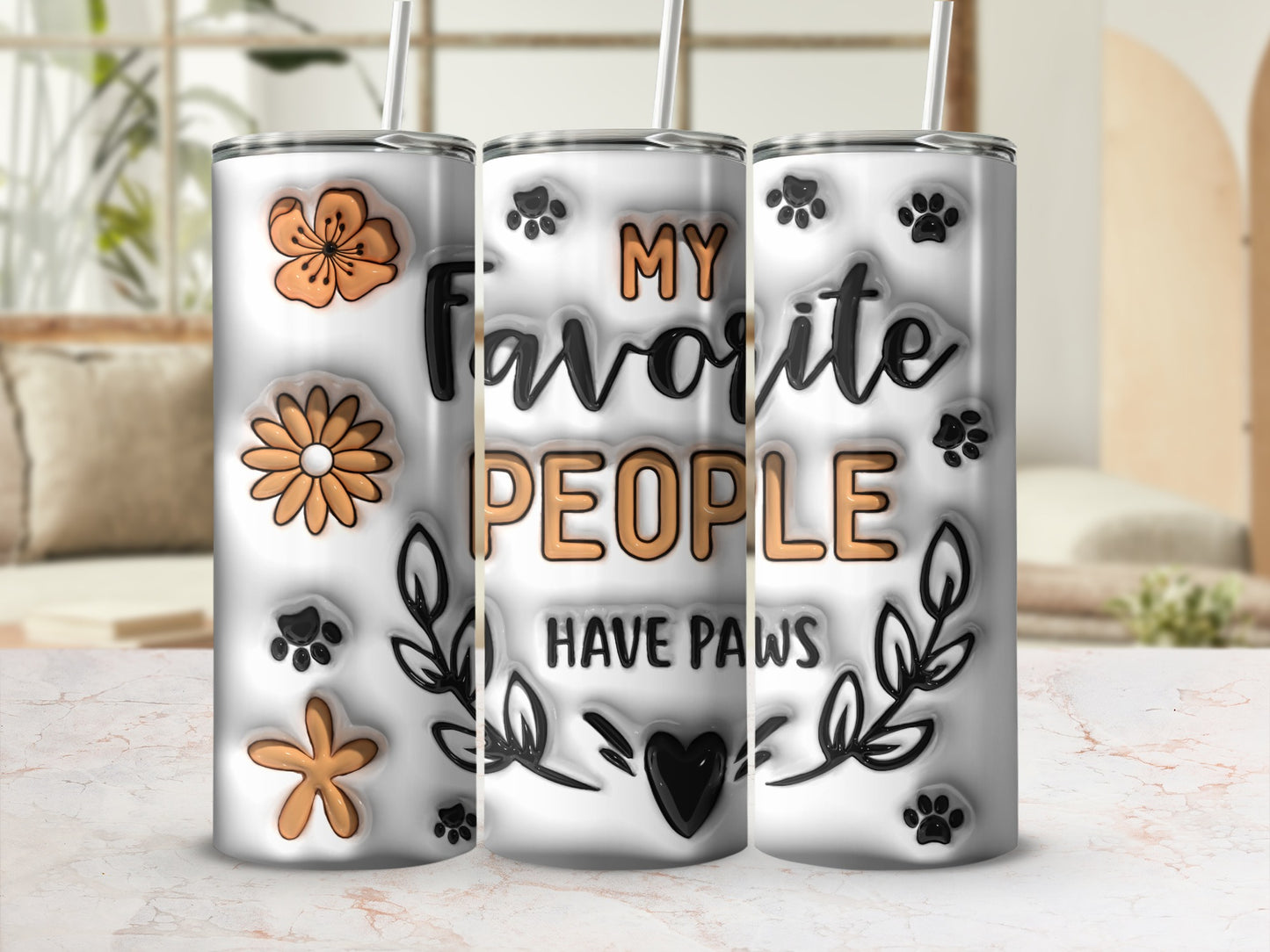 My Favorite People Have Paws tumbler with paw prints and floral designs.
