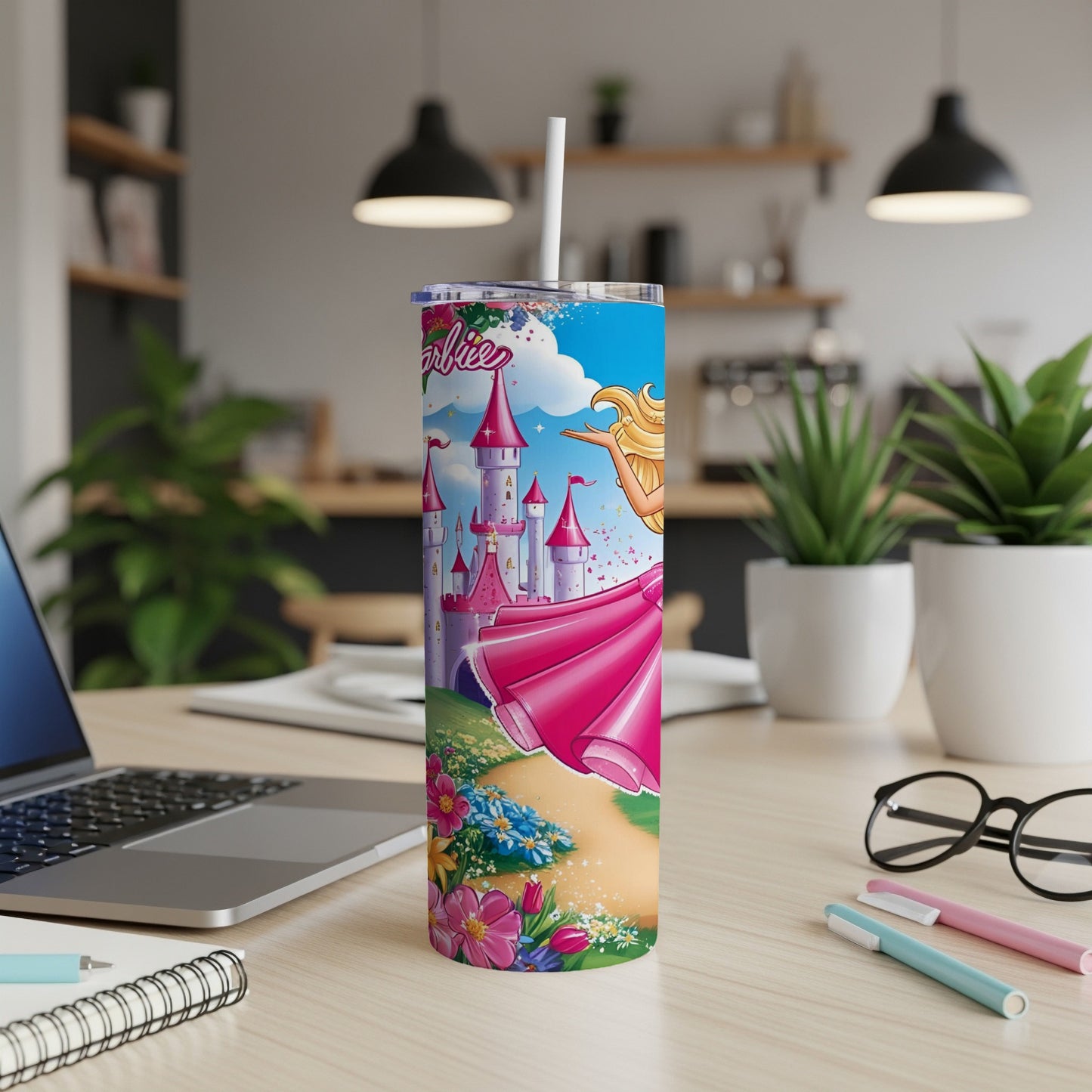 Pink Barbie castle with flowers and a cartoon princess on a tumbler.