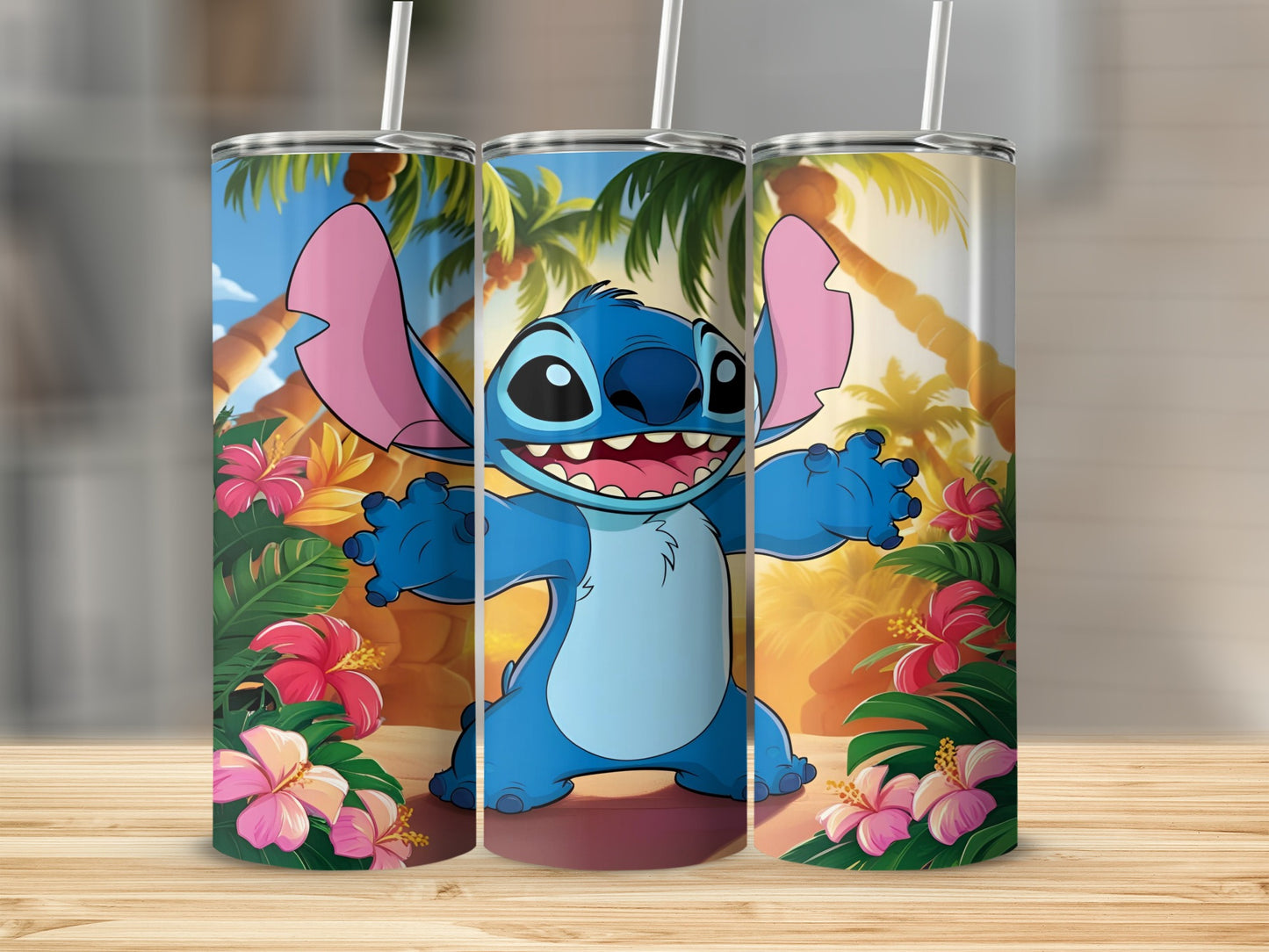 Stitch character on a tropical beach with palm trees and flowers.