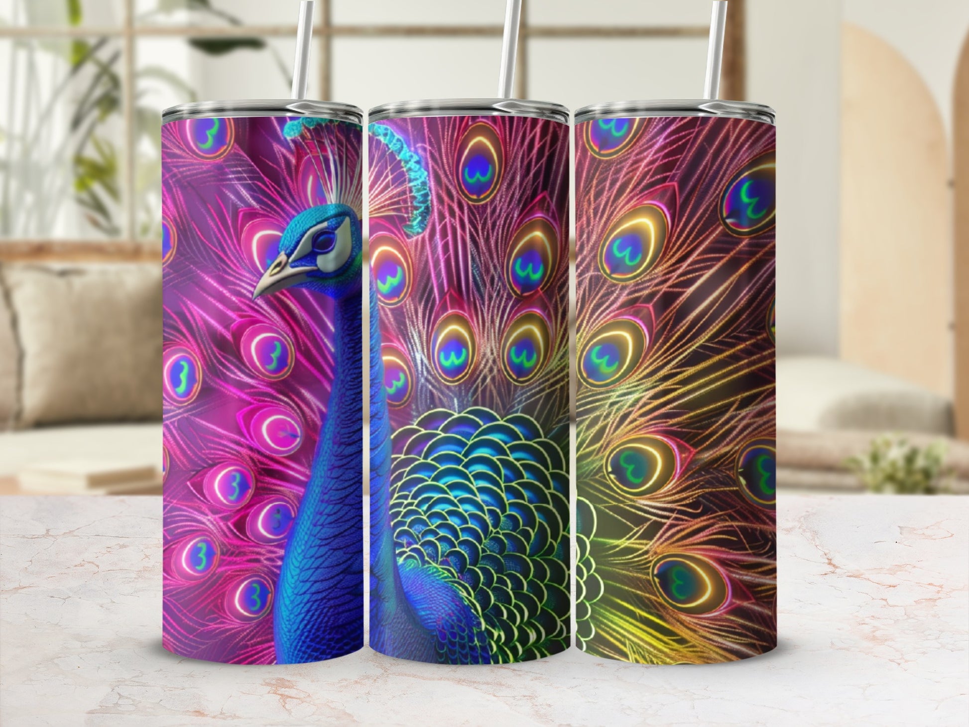 Three tumblers with vibrant peacock feather designs.