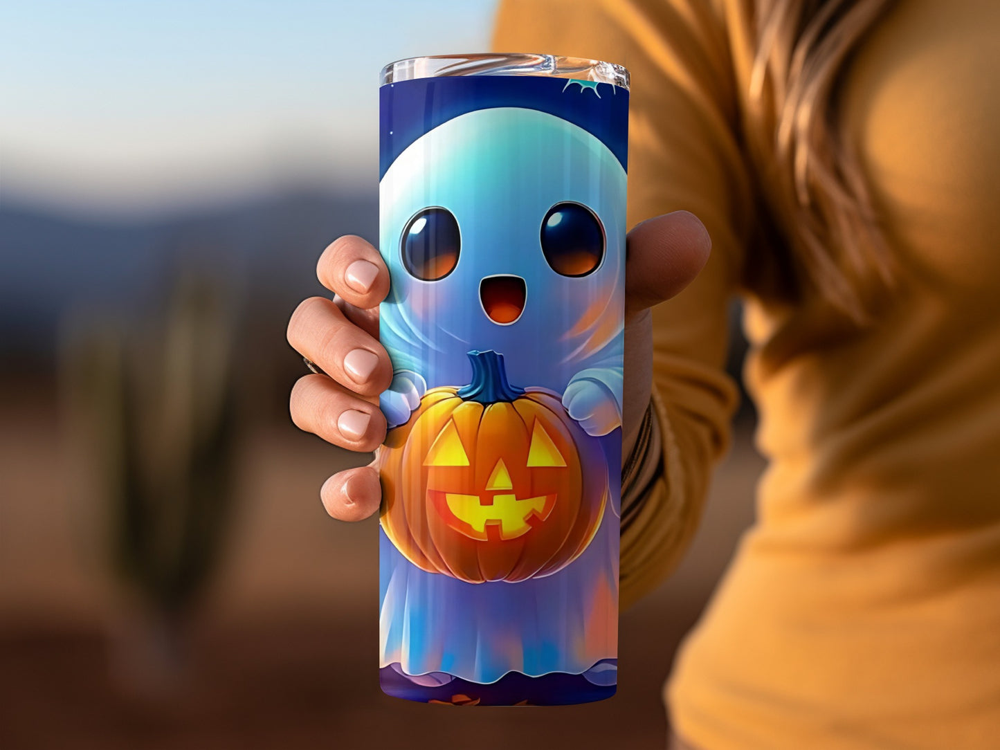 Cute Halloween Ghost with Pumpkin Tumbler Flask