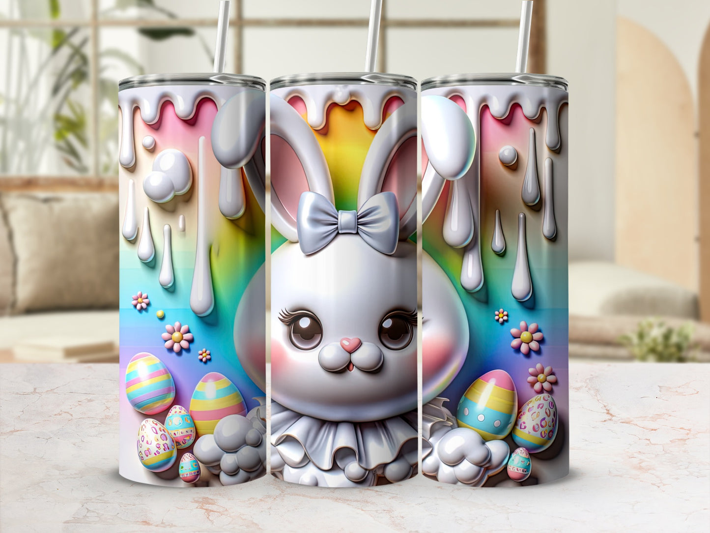 White Easter bunny with colorful eggs on a dripping paint background.