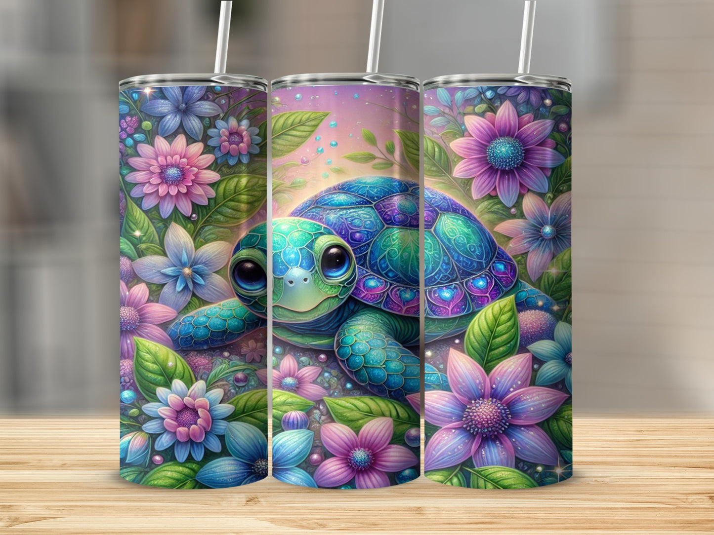 Cute Turtle and Colorful Flowers Art Tumbler Cup