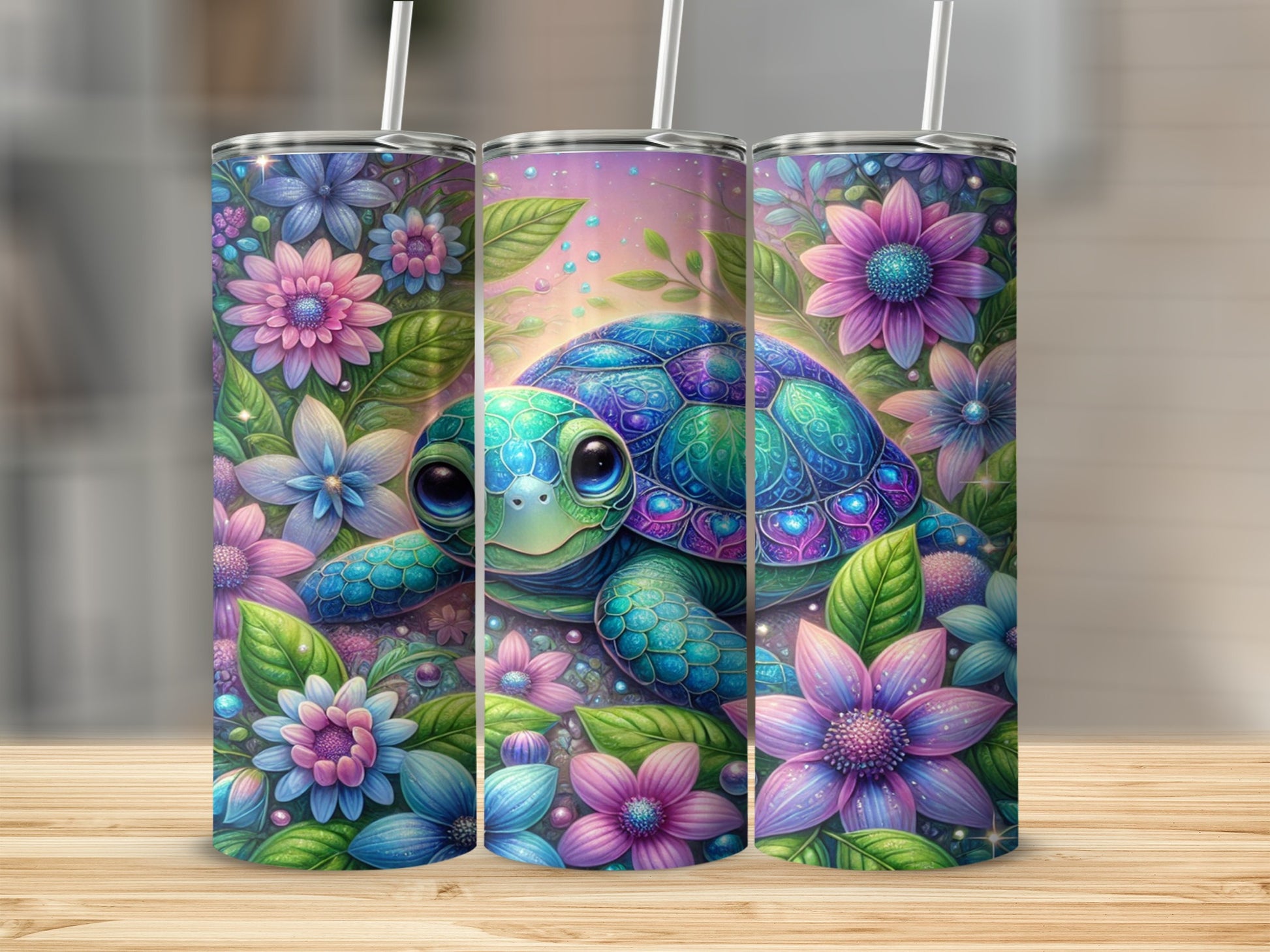 Cute Turtle and Colorful Flowers Art Tumbler Cup
