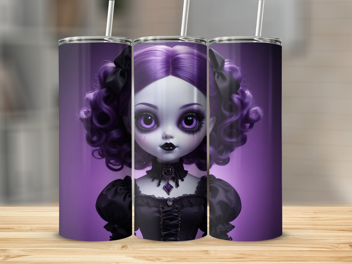 Gothic doll with purple hair and large eyes on a purple background.
