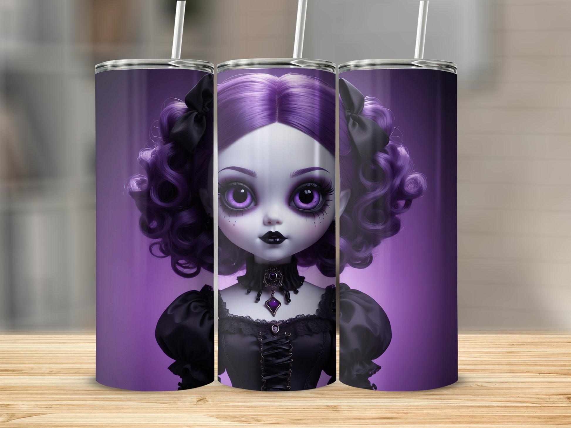 Gothic doll with purple hair and large eyes on a purple background.