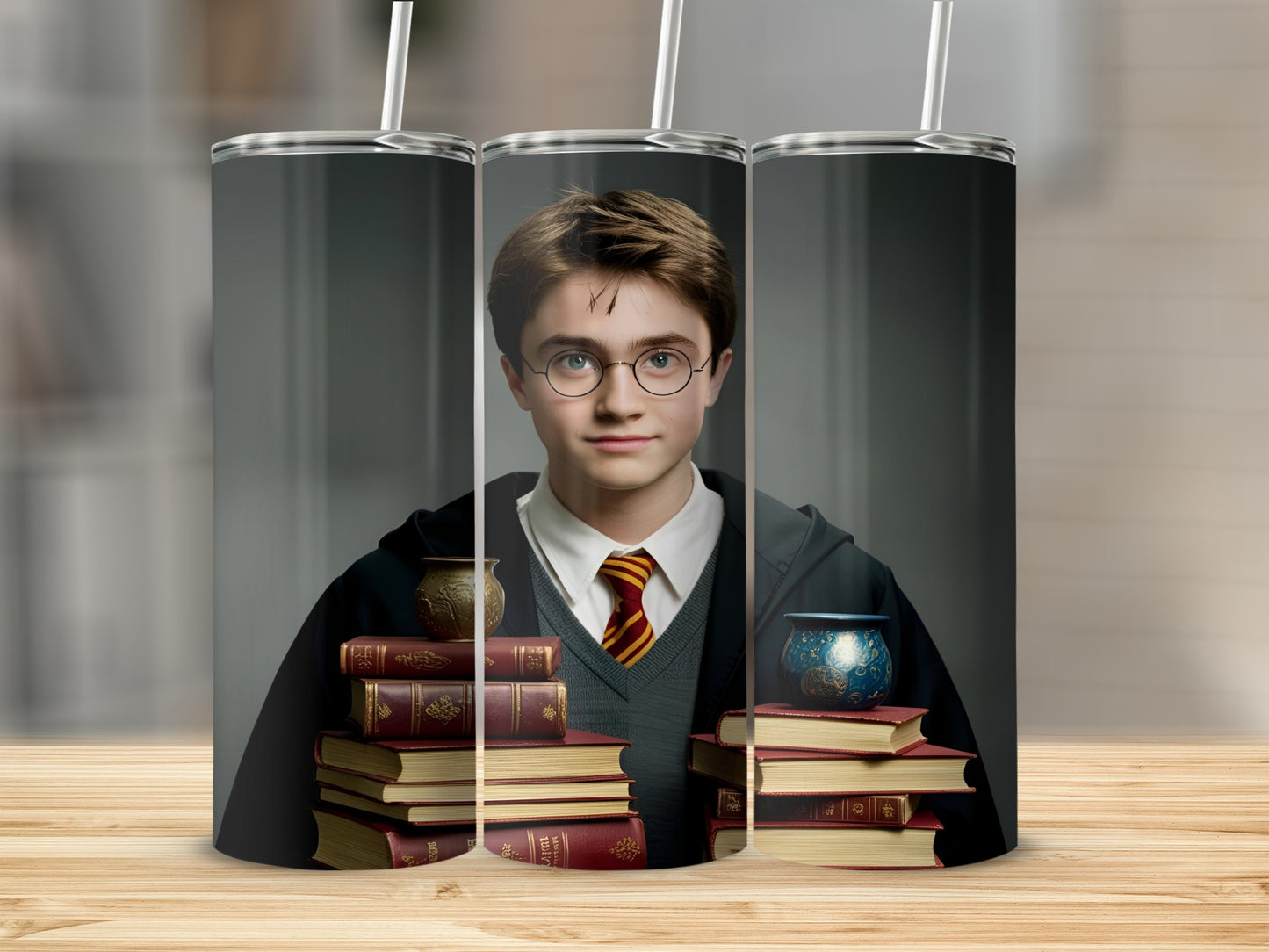 Harry Potter with stack of books and potion bottle.